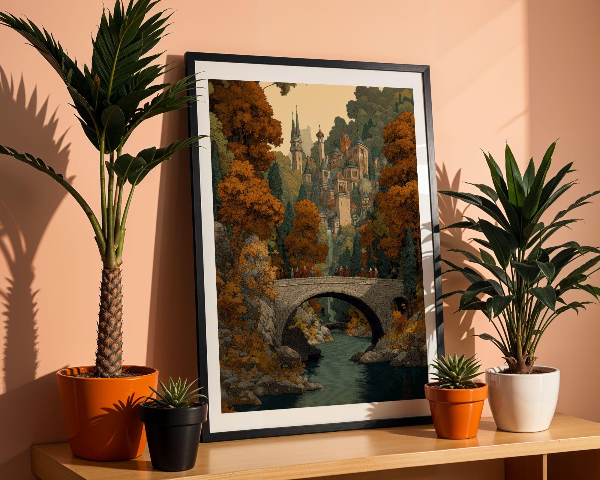 Autumn Medieval Village Landscape Print, Enchanted Bridge Poster, Fantasy Elven Landscape Art Print, High Fantasy Cityscape Poster - view 4