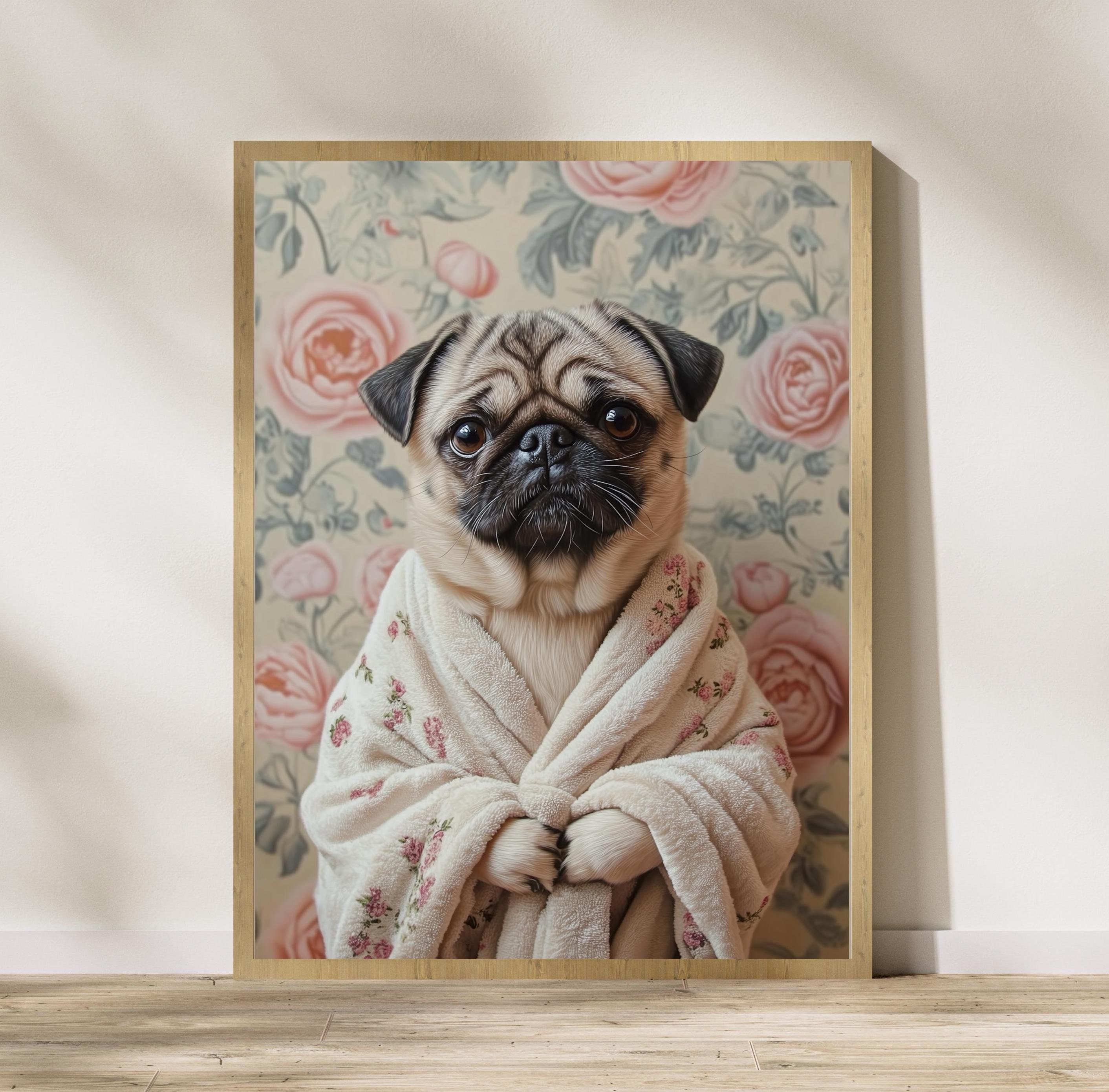 Pug in Bathrobe DIGITAL DOWNLOAD, Dog Printable Wall Art, Floral Dog Print, Funny Pet Decor, Dog Lover Gift, Retro Dog Poster, Funny Pug Art