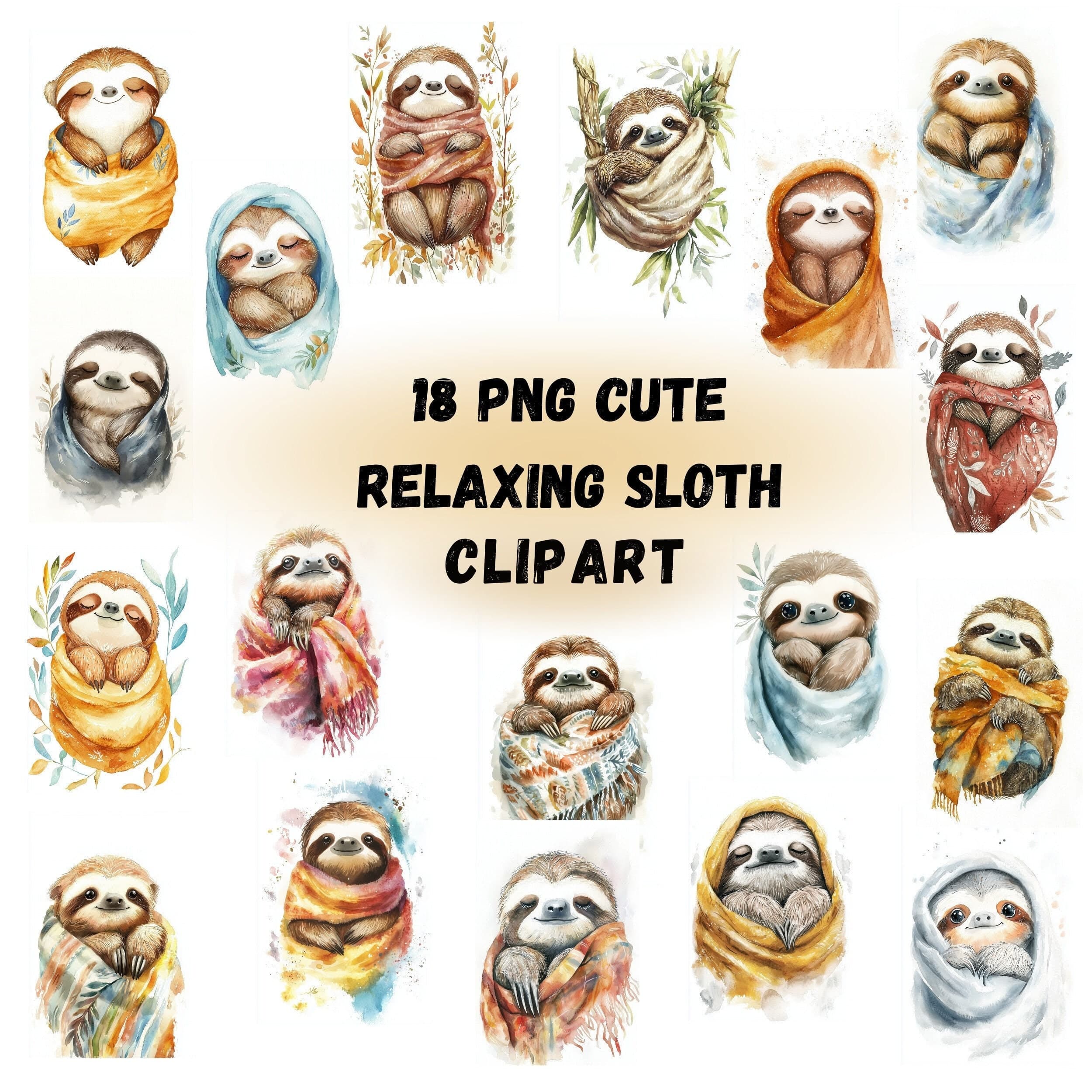 18 SLOTH Relaxing Clipart, Colorful Sloth Clipart, Cute Sloth PNG, Baby Sloth Clipart, Watercolor Sloth Nursery, Baby Shower Clipart, Sloth
