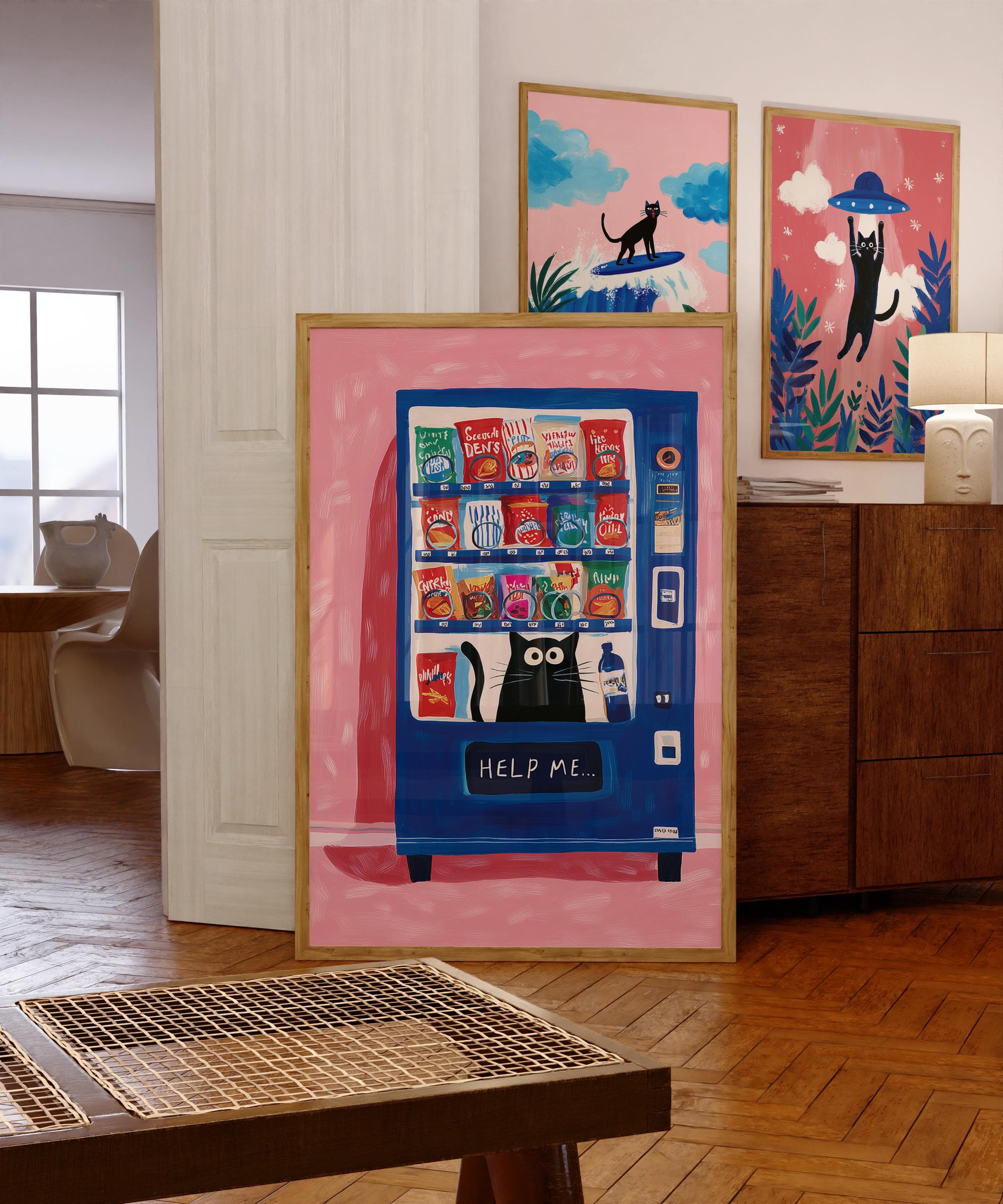 Funny Black Cat Vending Machine Pop Art Print – Quirky Wall Decor (Digital Download)
