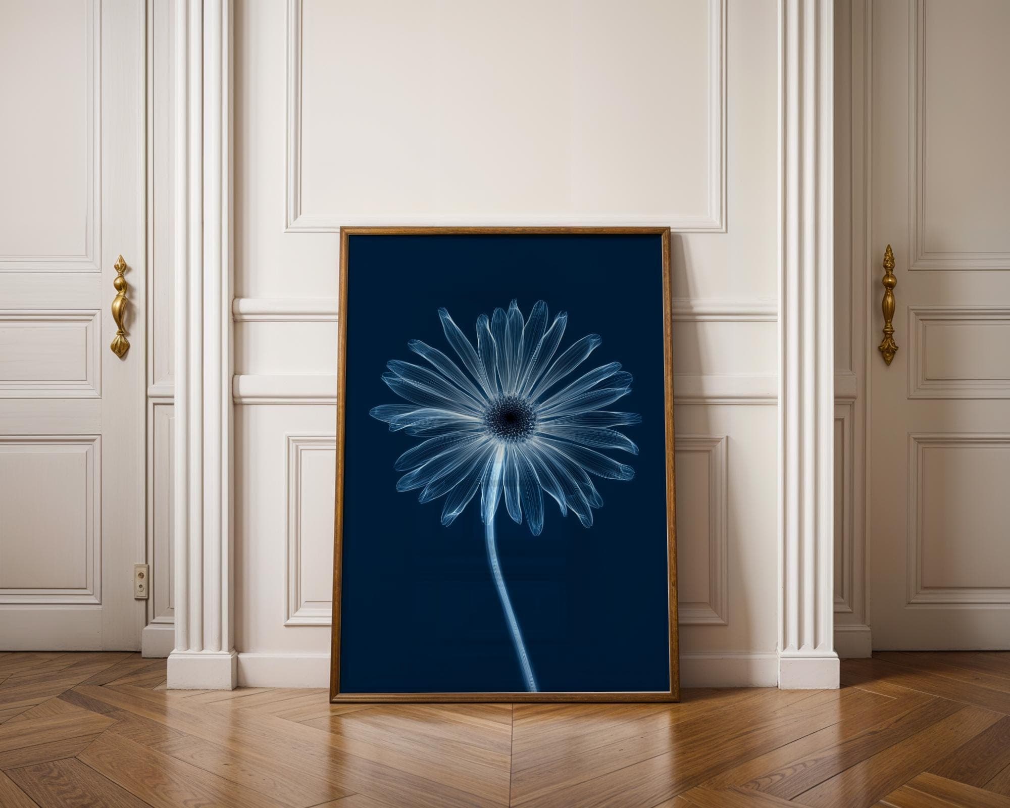 X-Ray Daisy Flower Wall Art Print, Minimal Blue Botanical Poster, Minimalist Blue Botanical Decor, Modern X-Ray Daisy Art, Blue Botanical