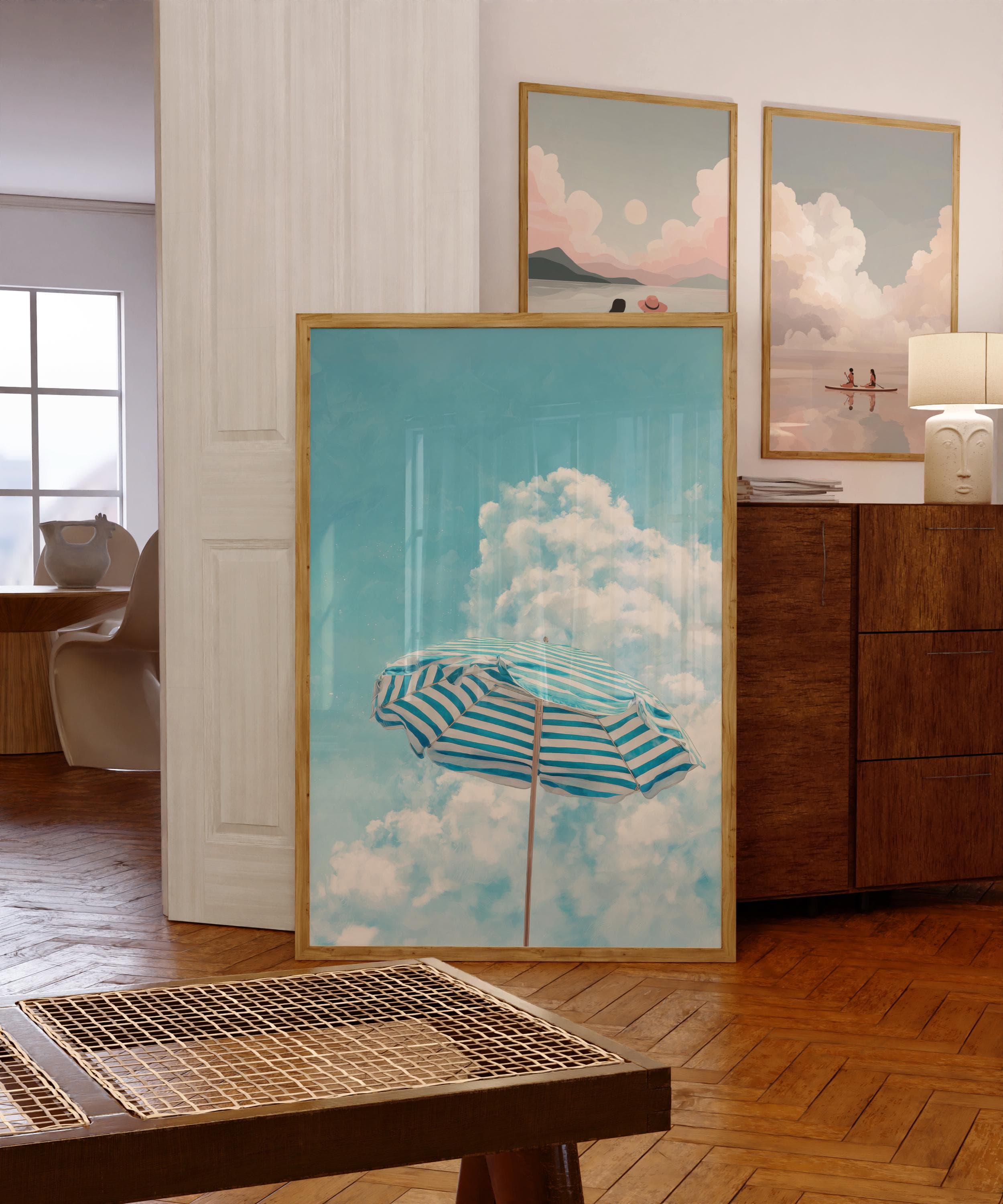 Coastal Beach Umbrella Wall Art, Blue Striped Summer Print, Tropical Coastal Wall Art, Seaside Holiday Wall Art, Coastal Cottage Decor