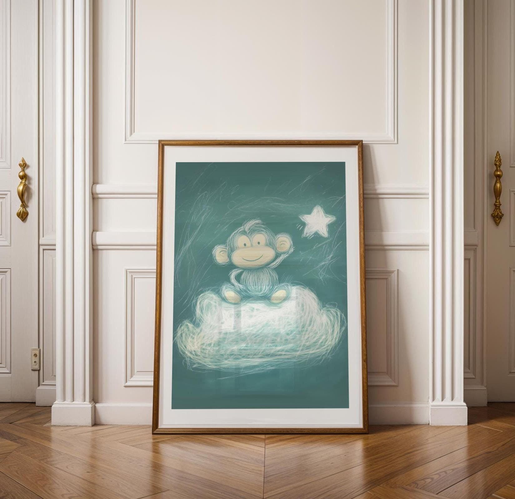 Chalkboard Monkey Nursery Wall Art, Baby Monkey Wall Art, Cute Baby Room Decor, Monkey Kids Room Poster, Printable Baby Monkey Art, UNFRAMED