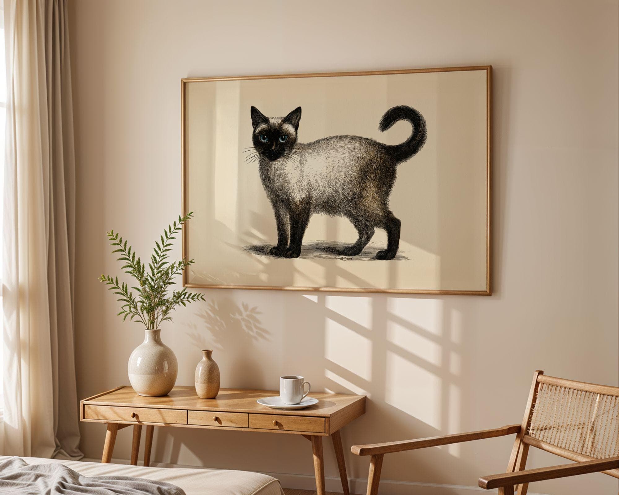 Siamese Cat Print, Vintage Cat Poster, Line Art Siamese Cat, Sepia Beige Wall Print, Minimal Cat Decor, Cat Lover Gift, Digital Animal Art - view 5