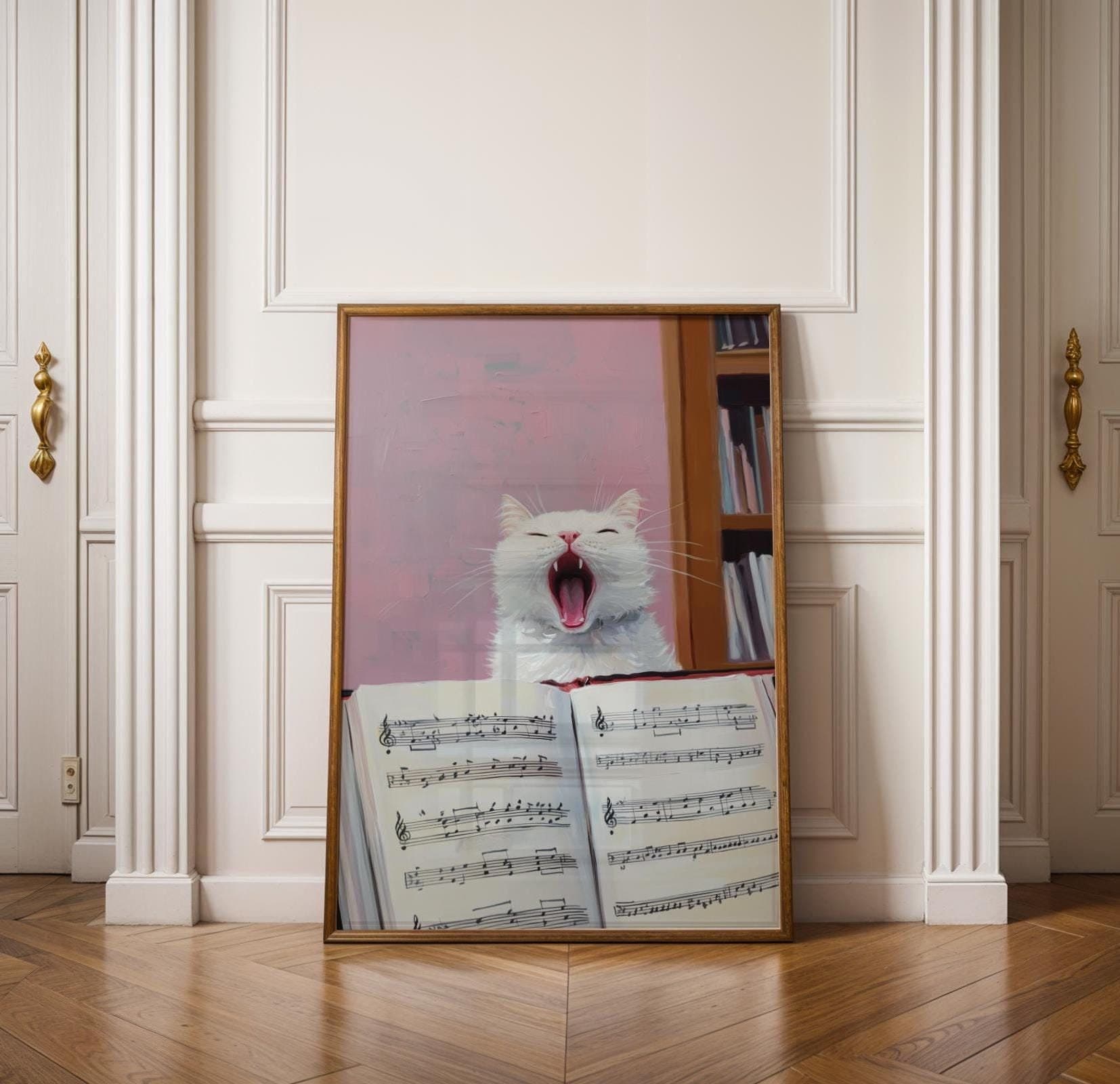 Funny Singing Cat Art, Funny Music Wall Decor, Cat Lover Gift, Music Wall Art, Music Lover Poster, Digital Download, Quirky Home Decor