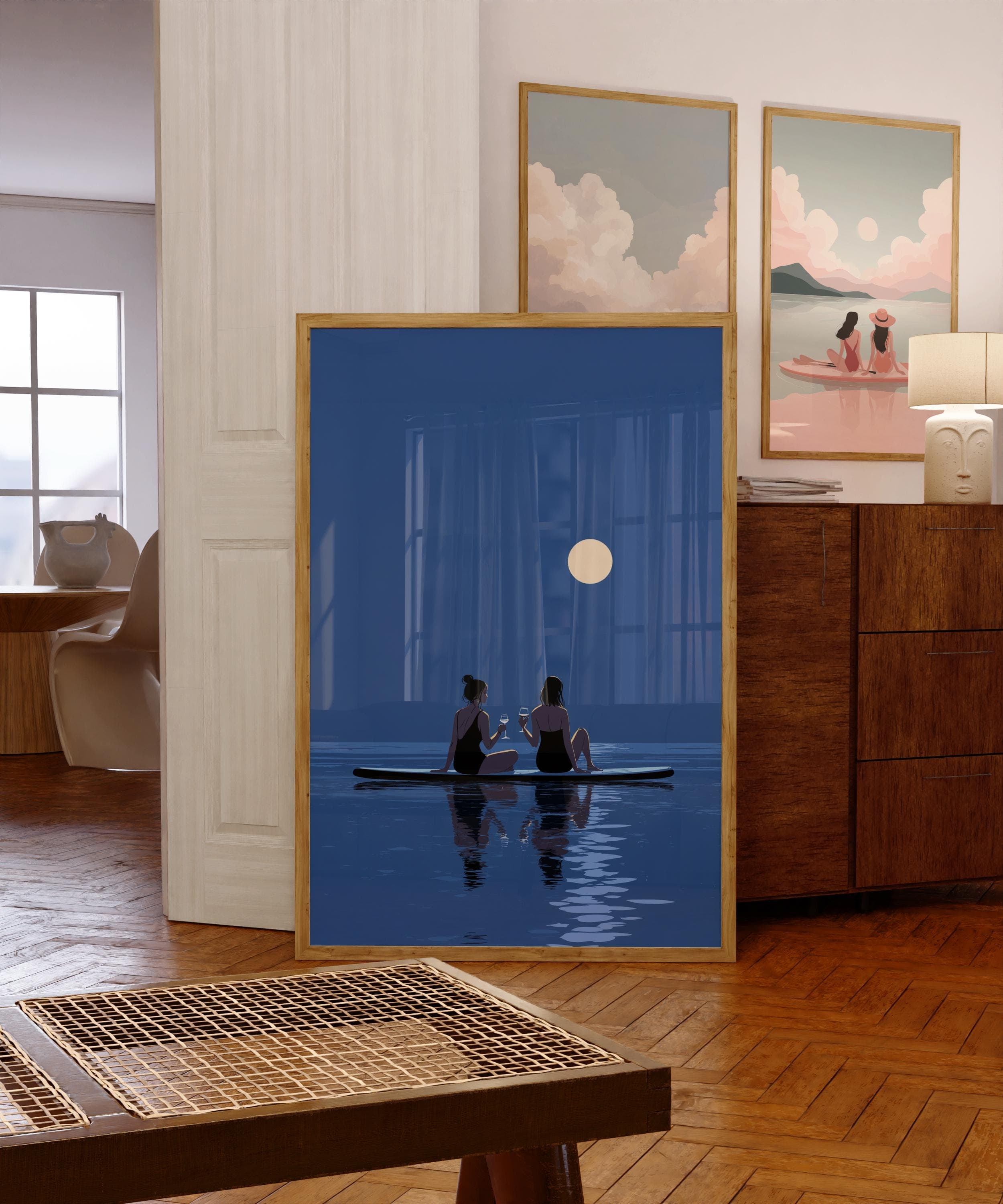 Moonlight Paddle Board Wall Art, Friendship Ocean Night Print, Romantic Full Moon Poster, Full Moon Beach Art Print,Blue Coastal Night Print