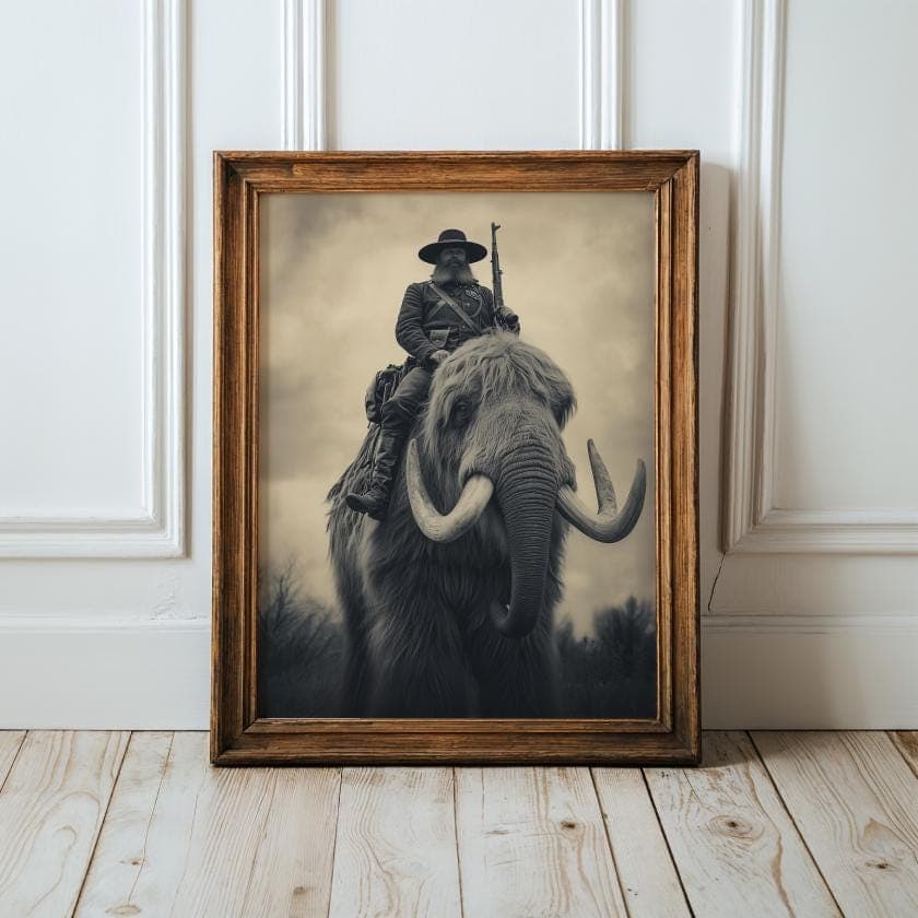 Cowboy Riding Mammoth Sepia Fantasy Art Print, Prehistoric Fantasy Western Print, Surreal Western Art Poster, Monochrome Fantasy Print