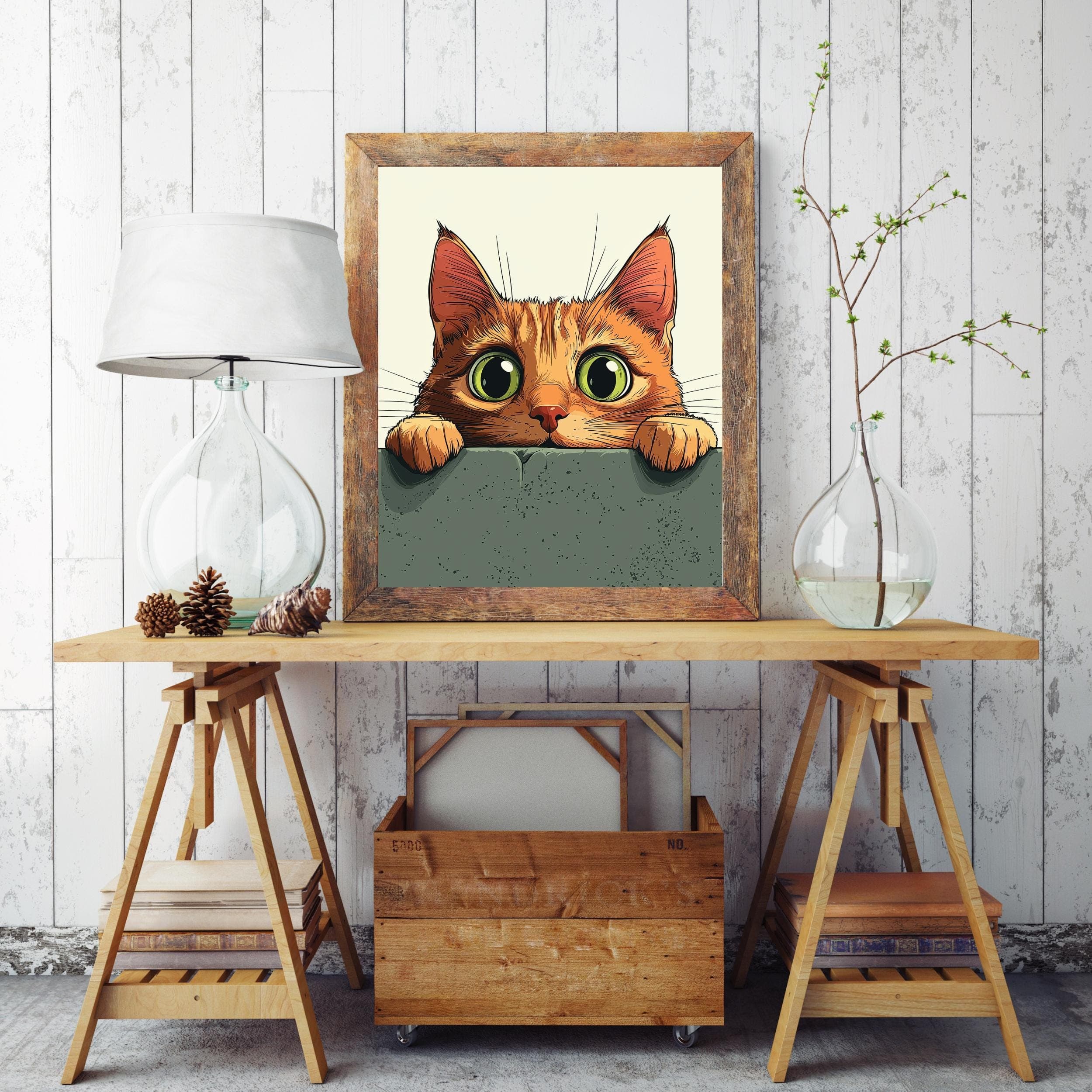 Whimsical Cat Peeking Art Print, Colorful Digital Wall Decor, Cute Cat Peeking Wall Art, Playful Wall Decor for Kids' Room, Ginger Cat Art - view 6