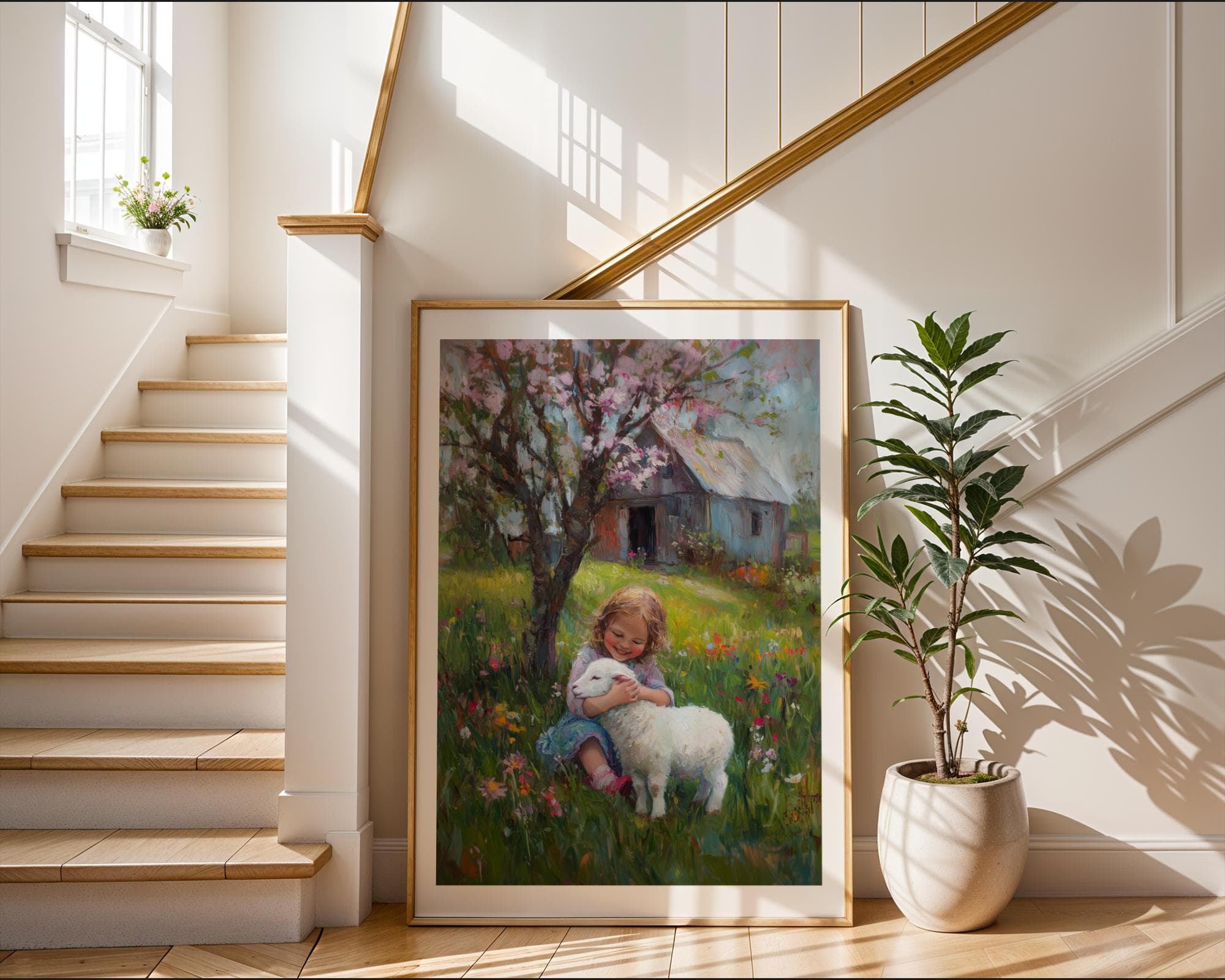 Pastoral Girl and Lamb Wall Art, Cottagecore Wall Decor, Floral Pastoral Art, Vintage Countryside Girl and Sheep Painting, Nature Wall Decor - view 4