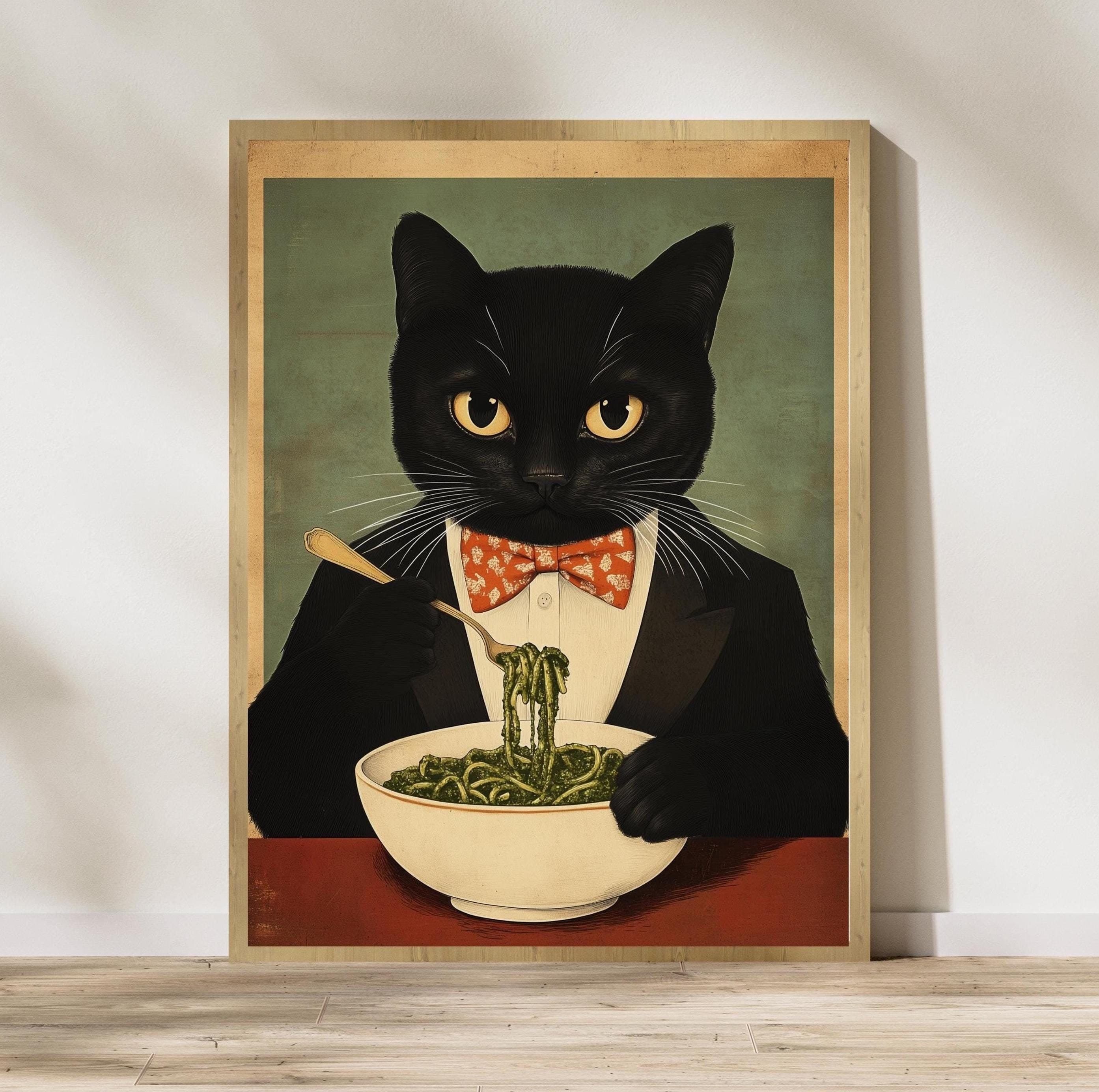 Black Cat Spaghetti Print – Quirky Retro Kitchen Wall Art (Digital Download)