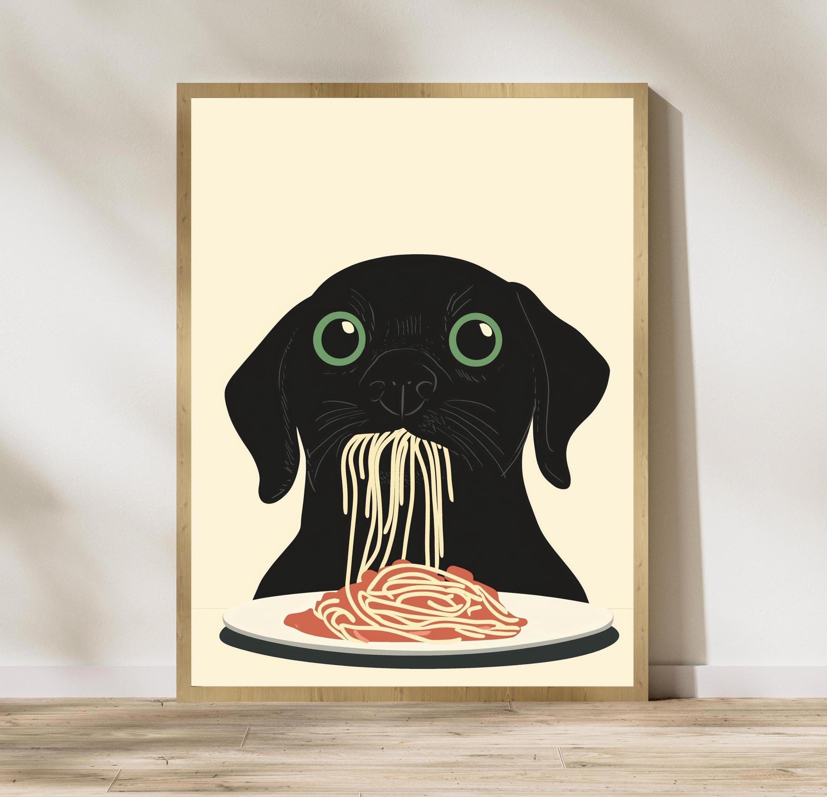Black Dog Spaghetti Art Print,Whimsical Dog Kitchen Decor,Black Dog Pasta Print,Charming Dog Kitchen Print, Maximalist Dog Art, Dog Art
