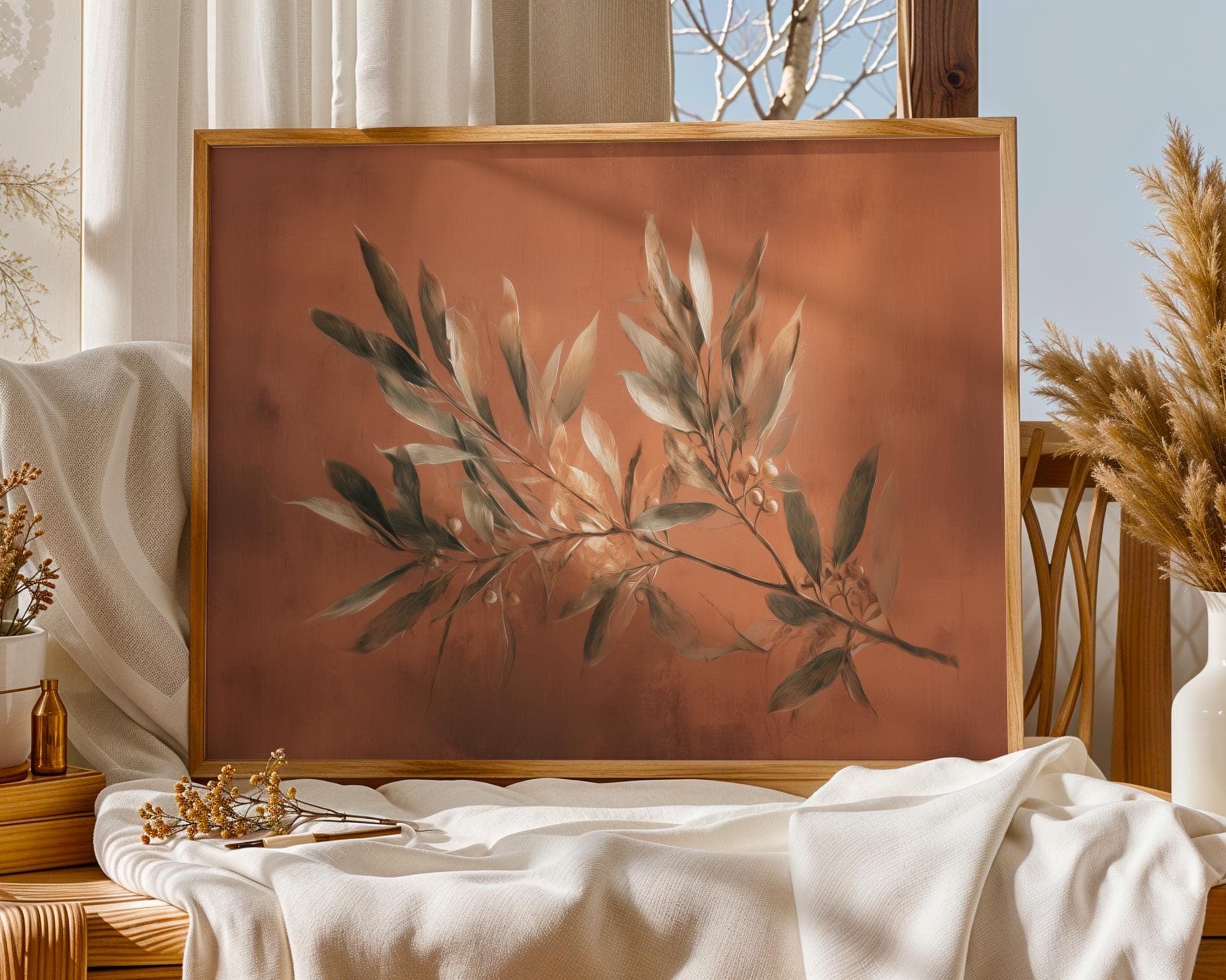 Earthy Botanical Wall Art with Olive Leaves and Warm Beige Background | Digital Rustic Nature Print, Rustic Olive Branch Wall Art, Olive Art