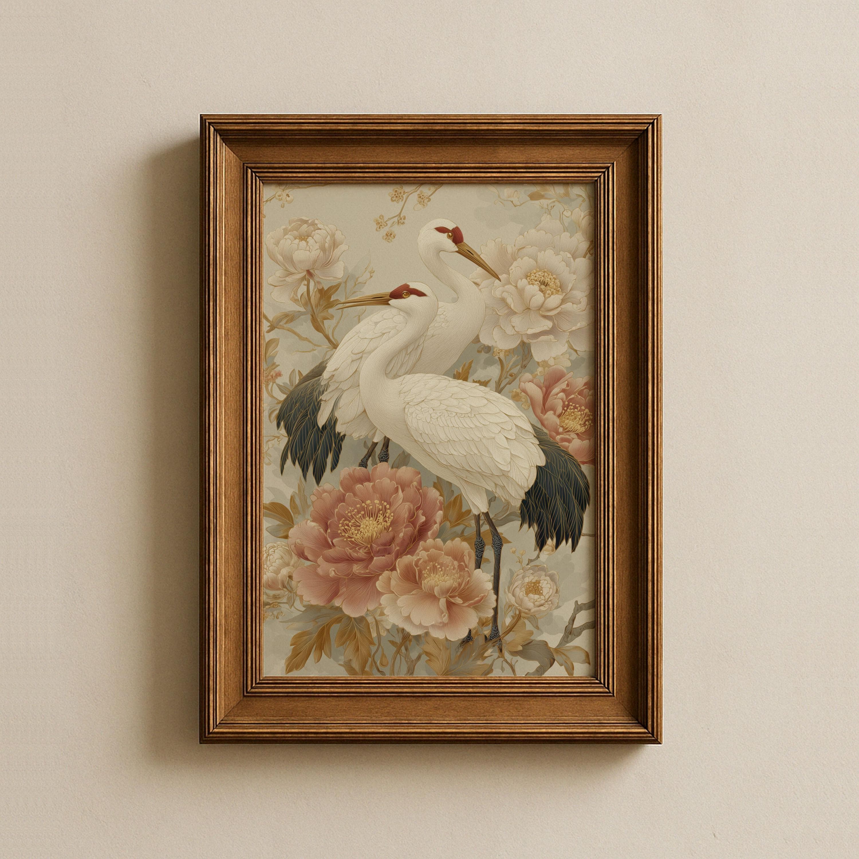 Japanese Crane Wall Art Print, Vintage Asian Bird Painting, Chinoiserie Floral Decor, Elegant Oriental Art, Crane Wall Art Vintage Floral - view 3