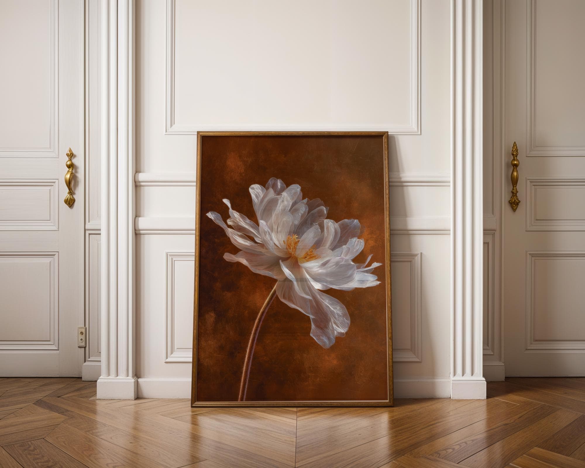 White Peony Flower Wall Art Botanical Painting Print on Burnt Orange Background, White Peony Wall Art, Peony Bloom Art, Botanical Art Print