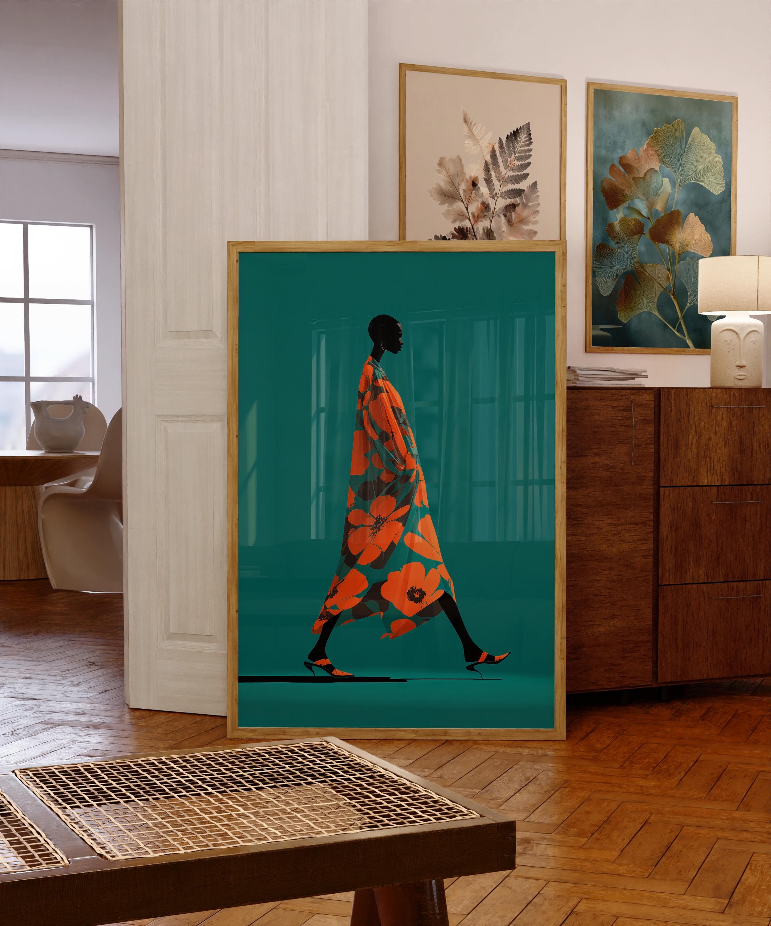 Modern African Woman Wall Art | Bold Floral Dress Illustration | Contemporary Fashion Print, Afrocentric Fashion Wall Art, Modern Boho Print
