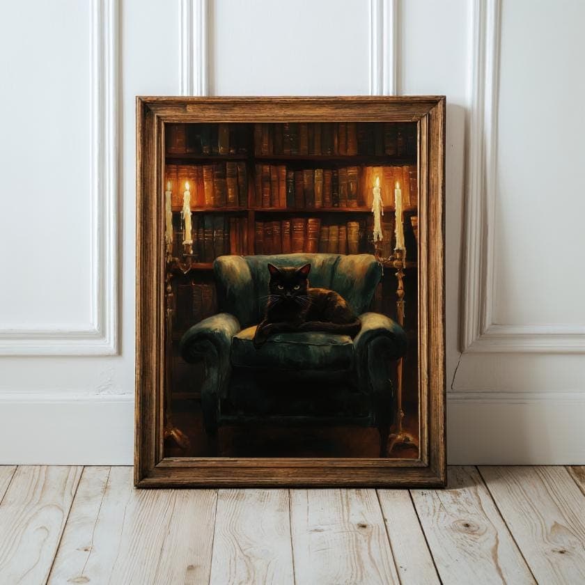Gothic Black Cat Dark Academia Print, Witchcore Library Art with Candles and Books for Cozy Haunted Home Decor, Dark Cat Portrait Decor