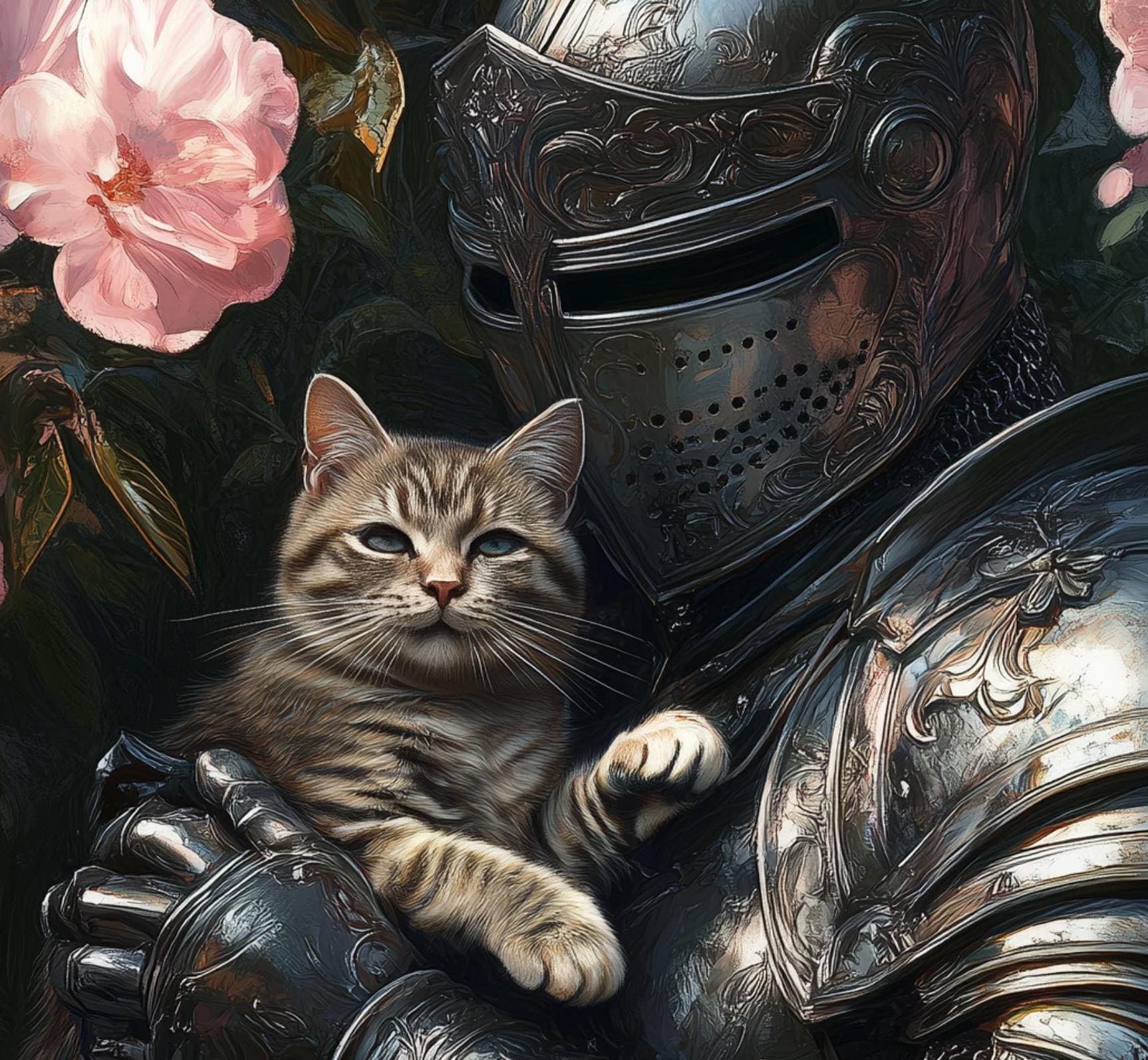 Medieval Knight and Tabby Cat Painting, Medieval Fantasy Painting, Fantasy Art, Whimsical Cat Decor, Digital, Maximalist, Floral Art Decor - view 7