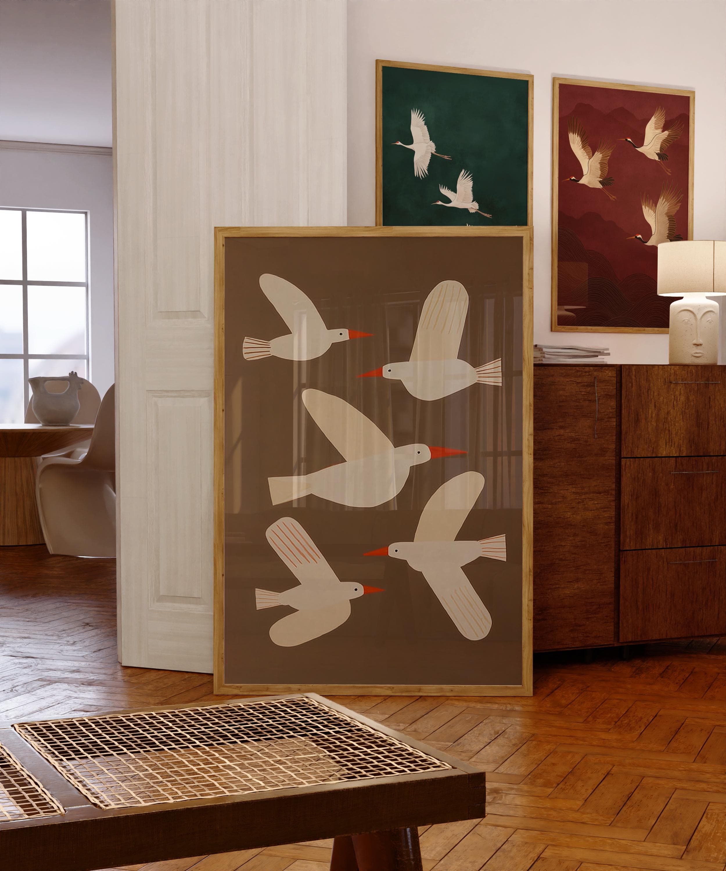 Flying Birds Wall Art, Modern Minimalist Seagull Print, Seagull Wall Art, Brown Background Bird Illustration Decor, Rustic Flying Bird Print