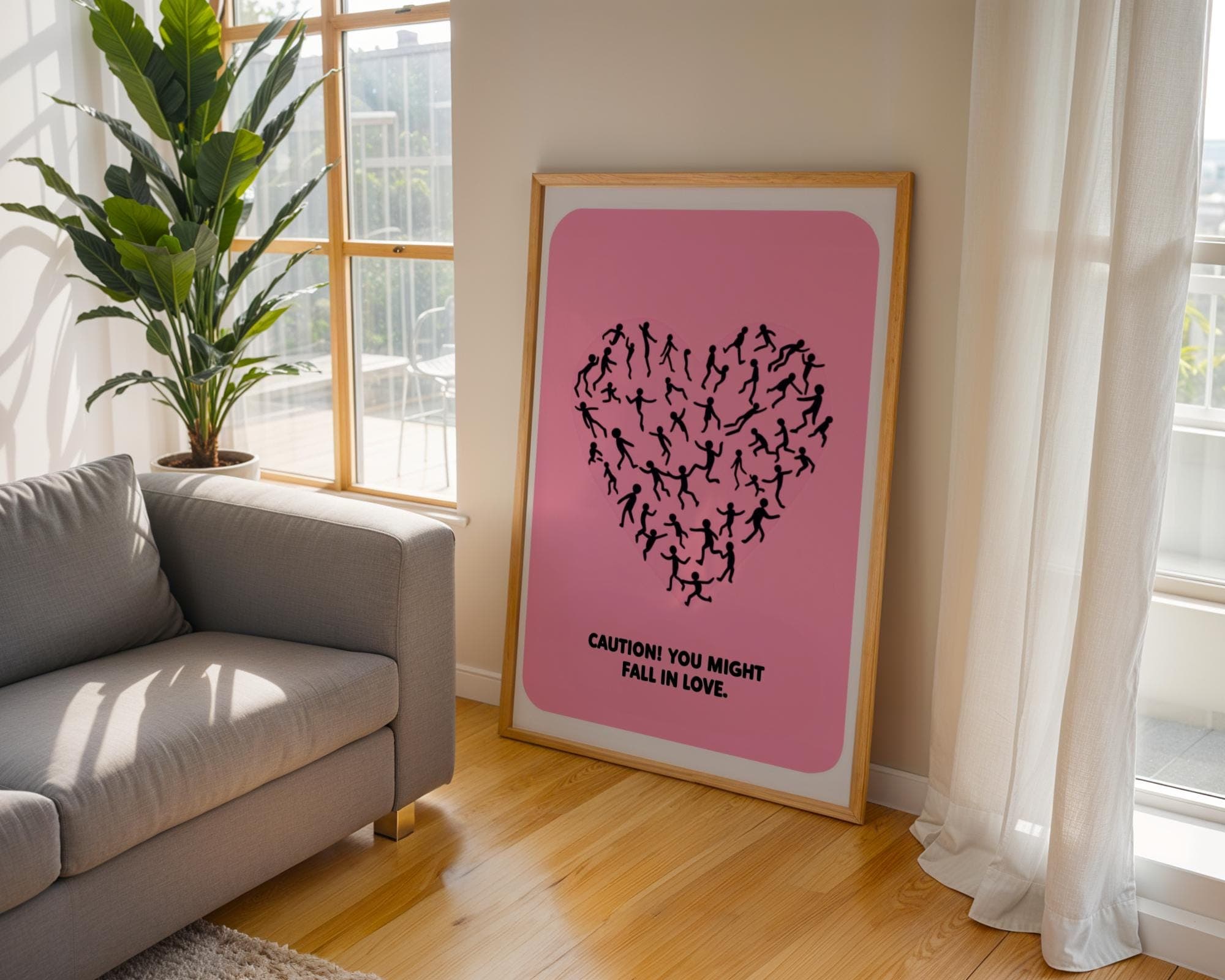 Caution Love Wall Decor - Cute Minimalist Pink Poster, Valentine's Day Wall Art, Abstract Pink Heart Art - Romantic Wall Art for Couples - view 7