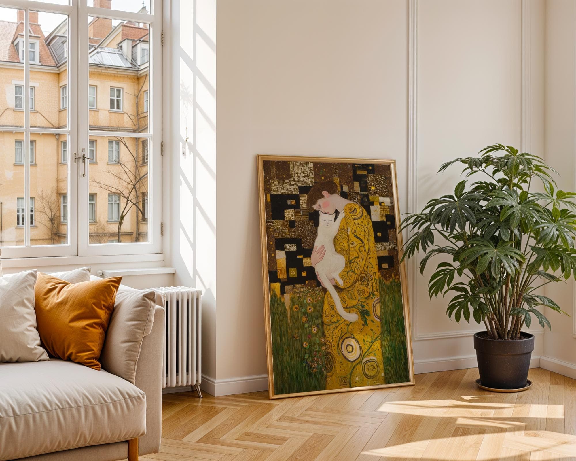 Gustav Klimt Inspired Cat Art Golden Woman with White Cat Painting Print, Whimsical Cat Lover Wall Art, Golden Cat Art Print, Digital Art - view 4
