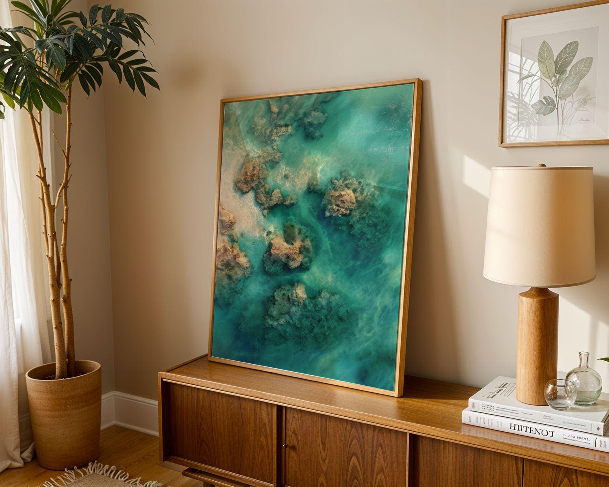 Aerial Ocean Reef Art Print, Turquoise Sea Wall Decor, Emareld Green Background Print, Aerial Ocean Print, Modern Ocean Wall Art, Digital - view 2