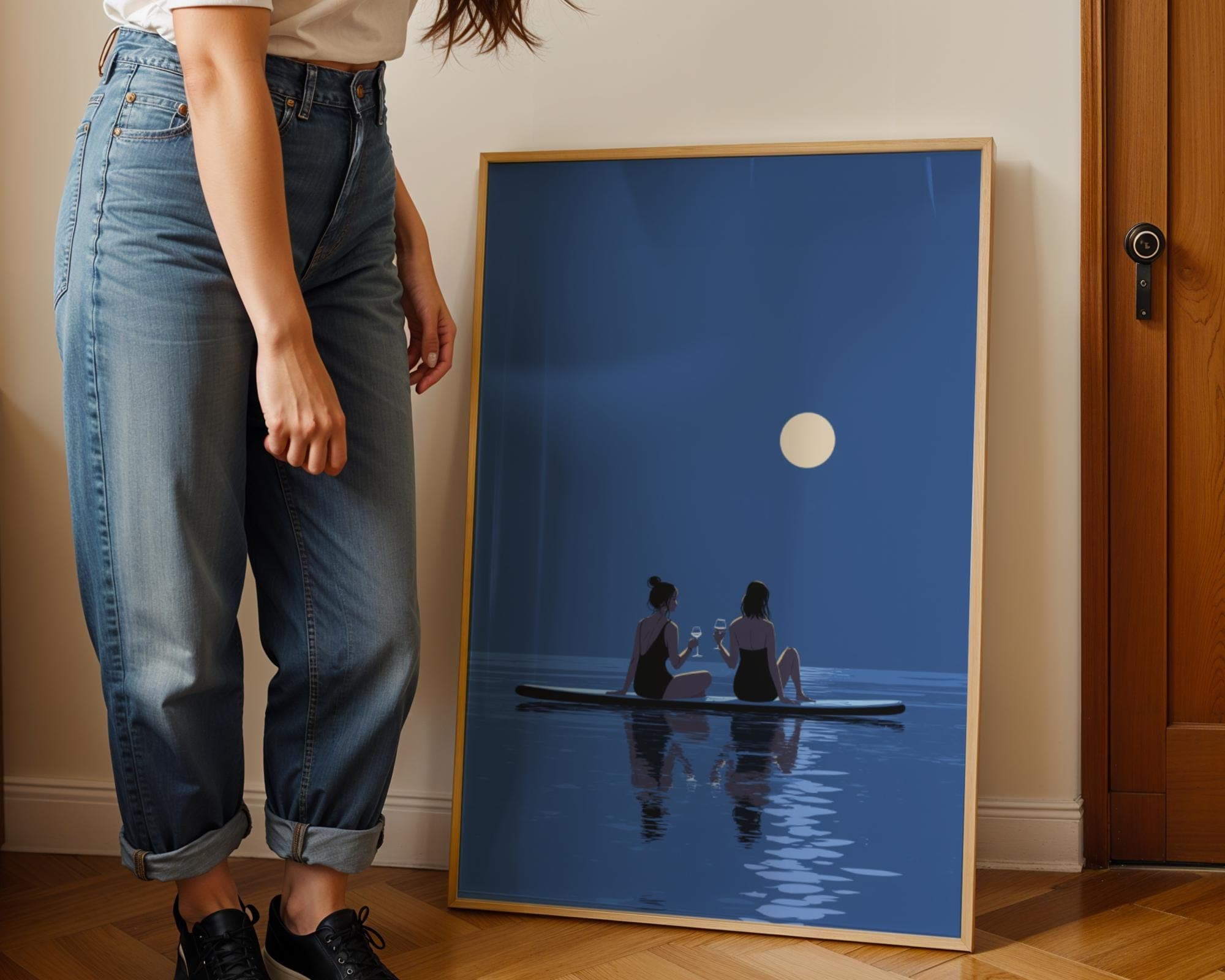 Moonlight Paddle Board Wall Art, Friendship Ocean Night Print, Romantic Full Moon Poster, Full Moon Beach Art Print,Blue Coastal Night Print - view 5