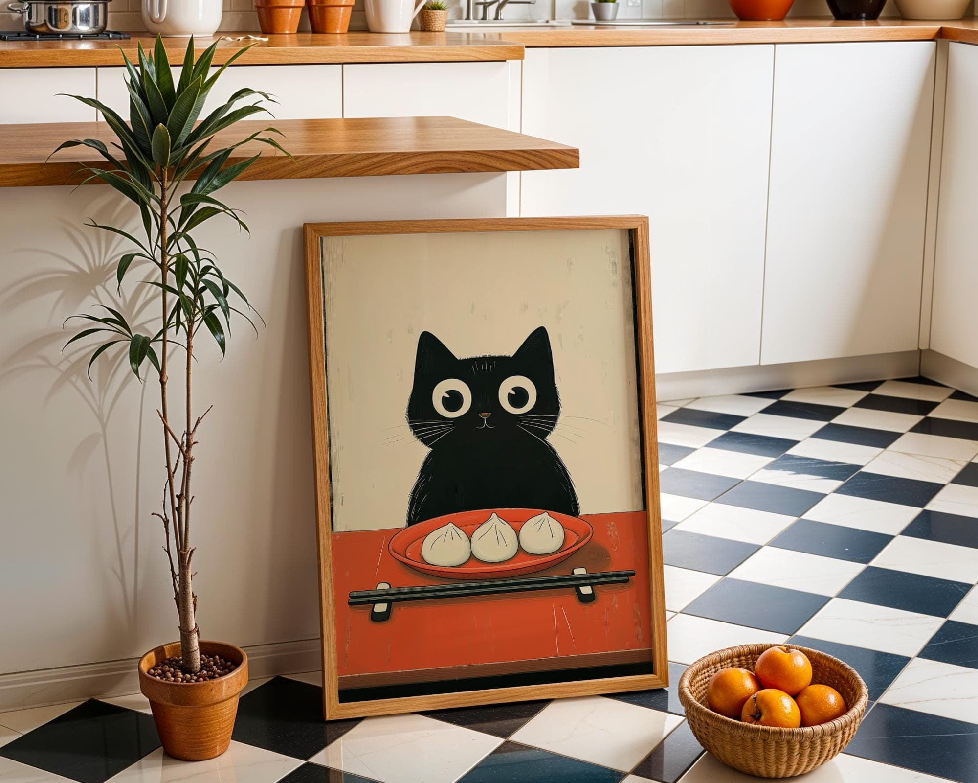 Japan Cat Illustration Print, Cute Kitchen Decor, Cat Poster, Wall Art, Printable, Minimalist Art Print, Cute Food Wall Art, Dumpling Art - view 3