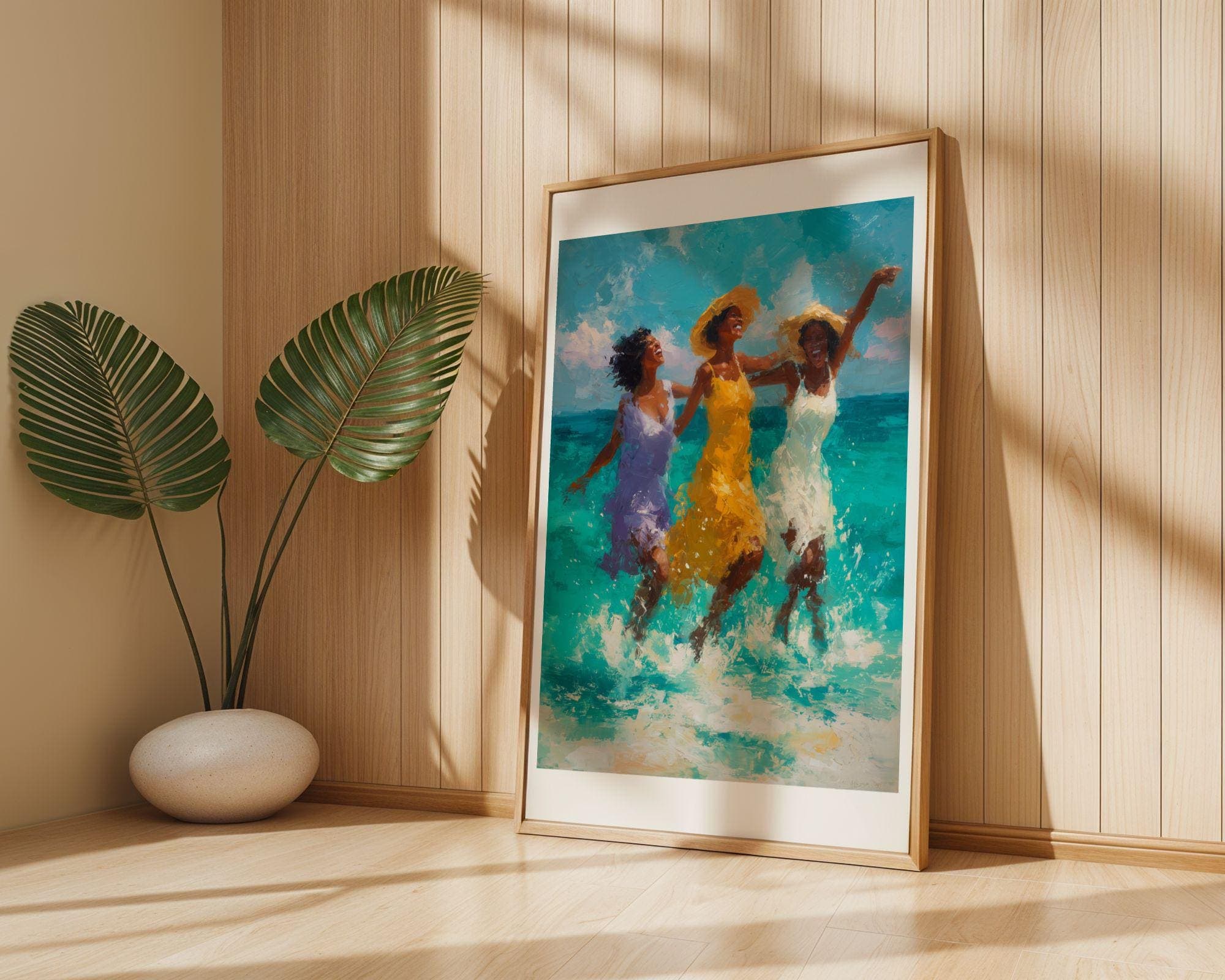 Beach Wall Art Print, Ocean Waves Painting, Summer Friends in Surf, Coastal Decor, Afrocentric Decor, Oil Painting Print, Digital Art - view 4