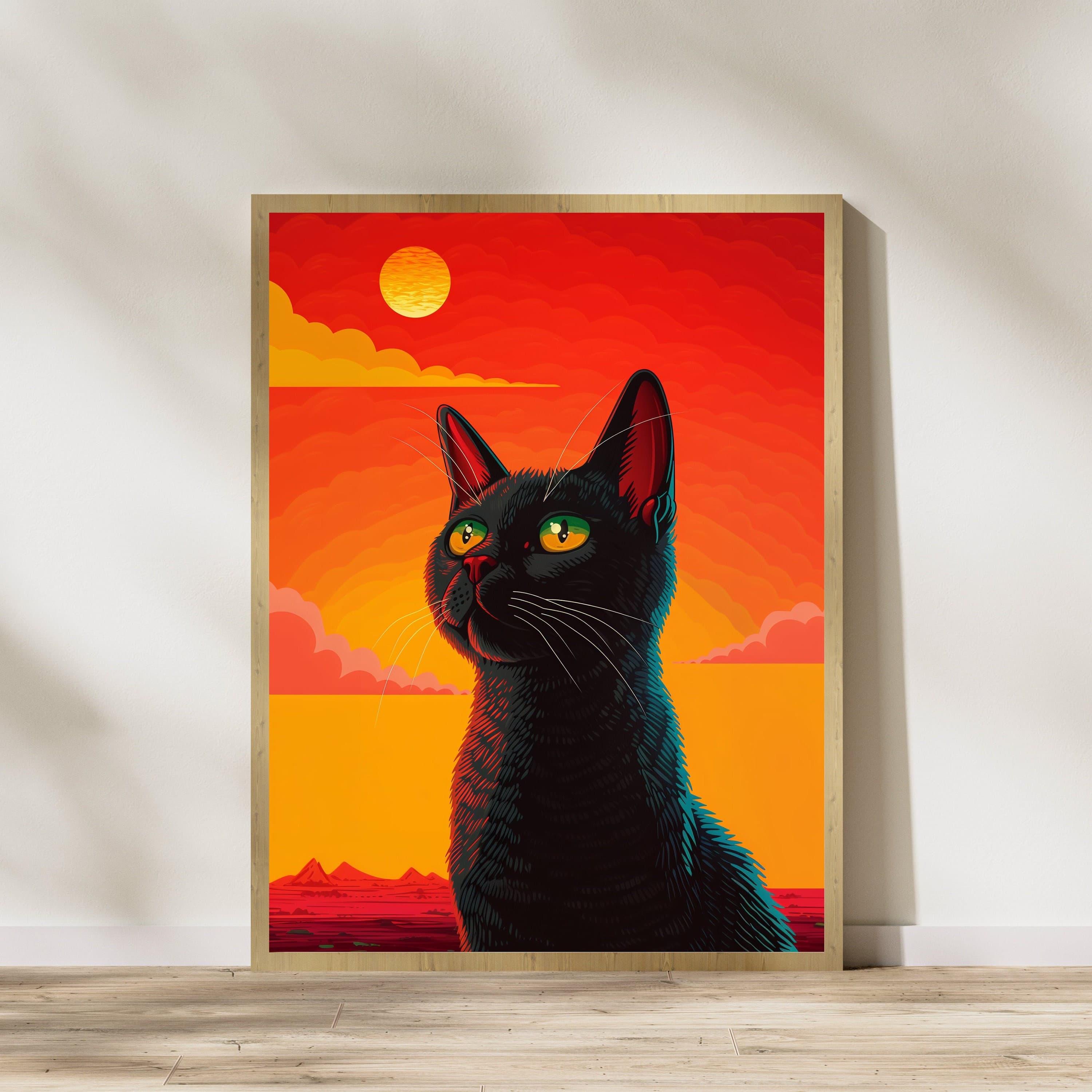 Black Cat Painting with Sunset, Black Cat Poster, Dopamine Decor, Cat Art Print,Cat mom gift, Black Cat Drawing Print, International Cat Day
