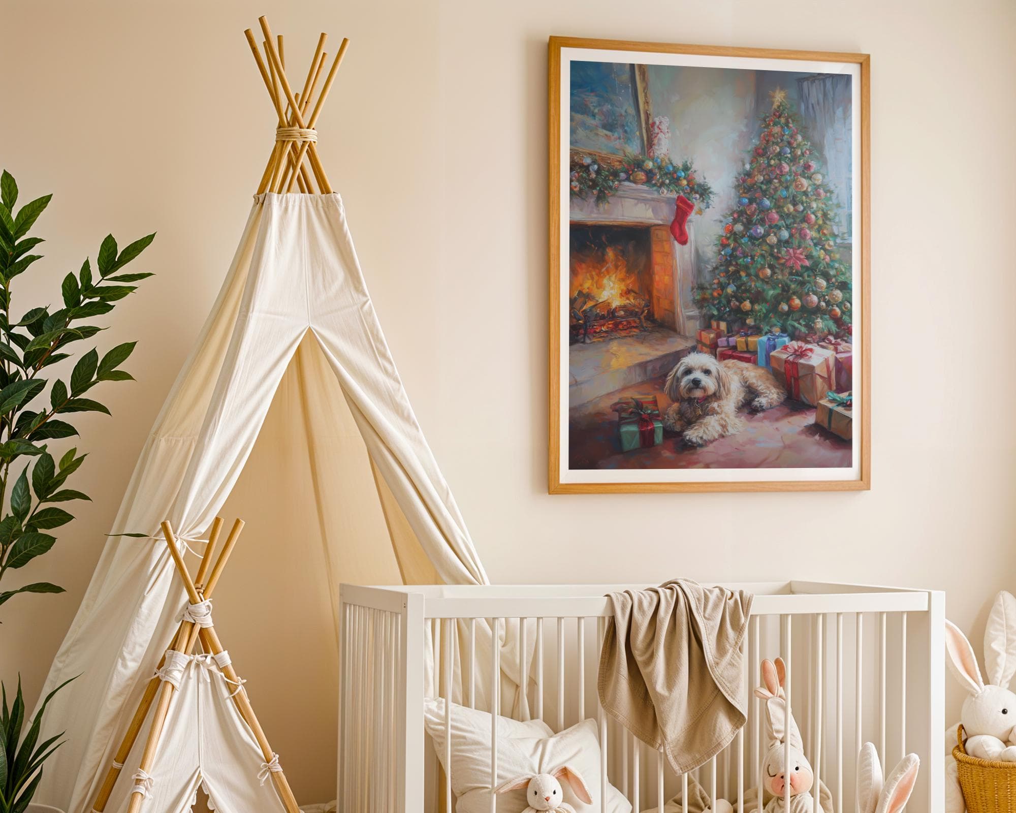 Festive Christmas Dog Painting, Rustic Christmas Wall Art, Warm Christmas Print, Festive Fireplace Art, Digital Download, Dog Christmas Art - view 6
