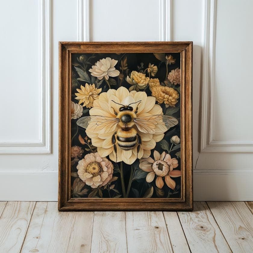 Vintage Bee and Floral Wall Art Print, Dark Botanical Garden Print, Cottagecore Bee Poster, Cottagecore Print, Digital Download, Vintage Bee