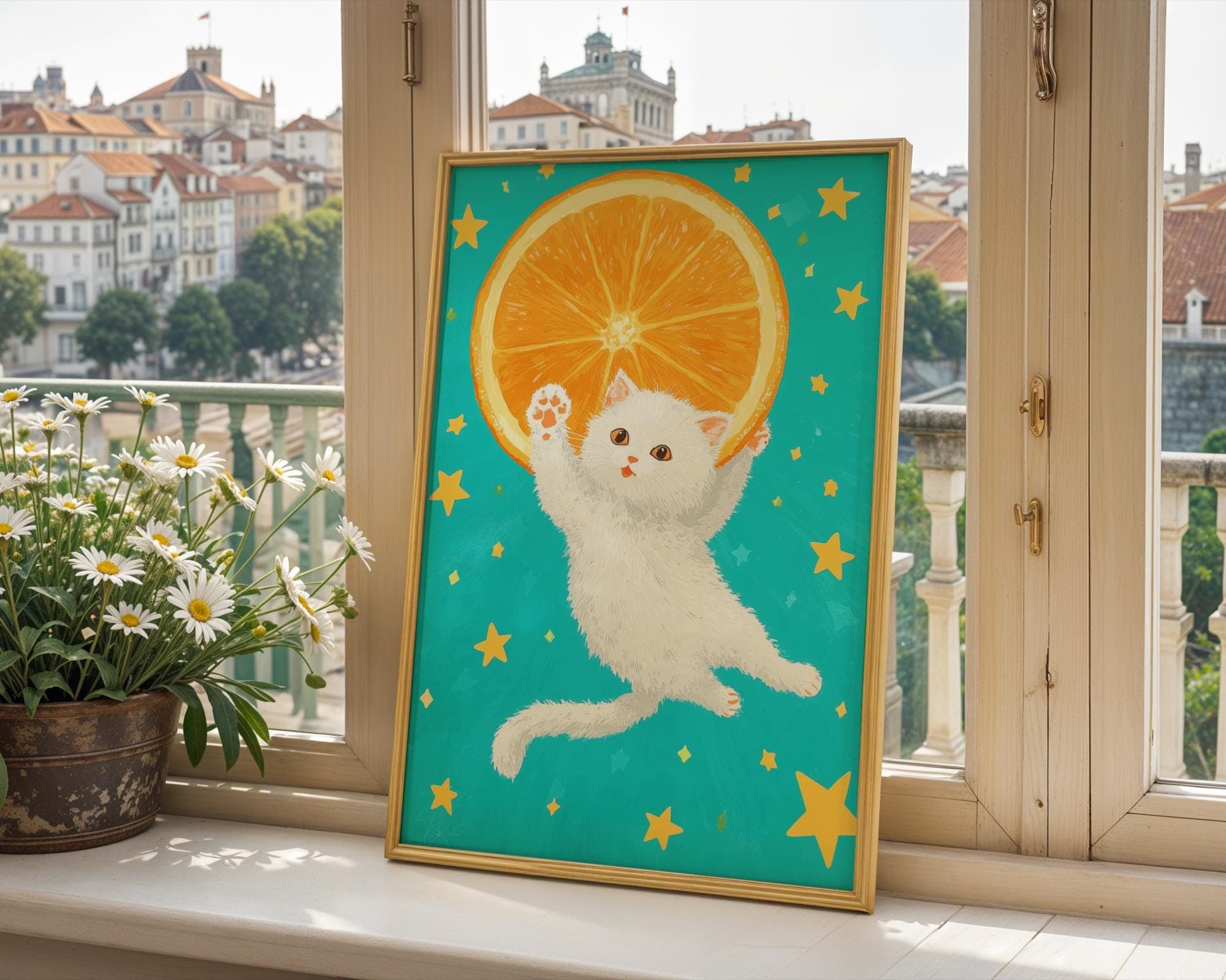 Kawaii White Cat with Orange Slice Wall Print, Whimsical Wall Art, Colorful Cute Kitten Wall Print, Kawaii Starry Sky Wall Art, Digital Art - view 4