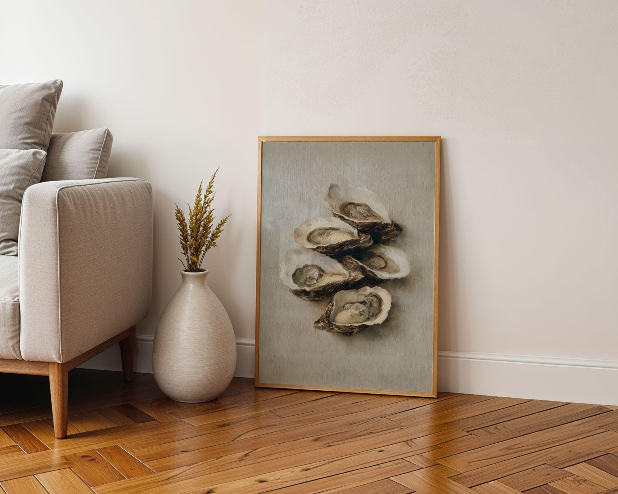 Oyster Wall Decor, Minimal Coastal Art Print, Oyster Still Life, Oyster Painting, Coastal Dining Room Decor, Oyster Canvas Art, Digital Art - view 3