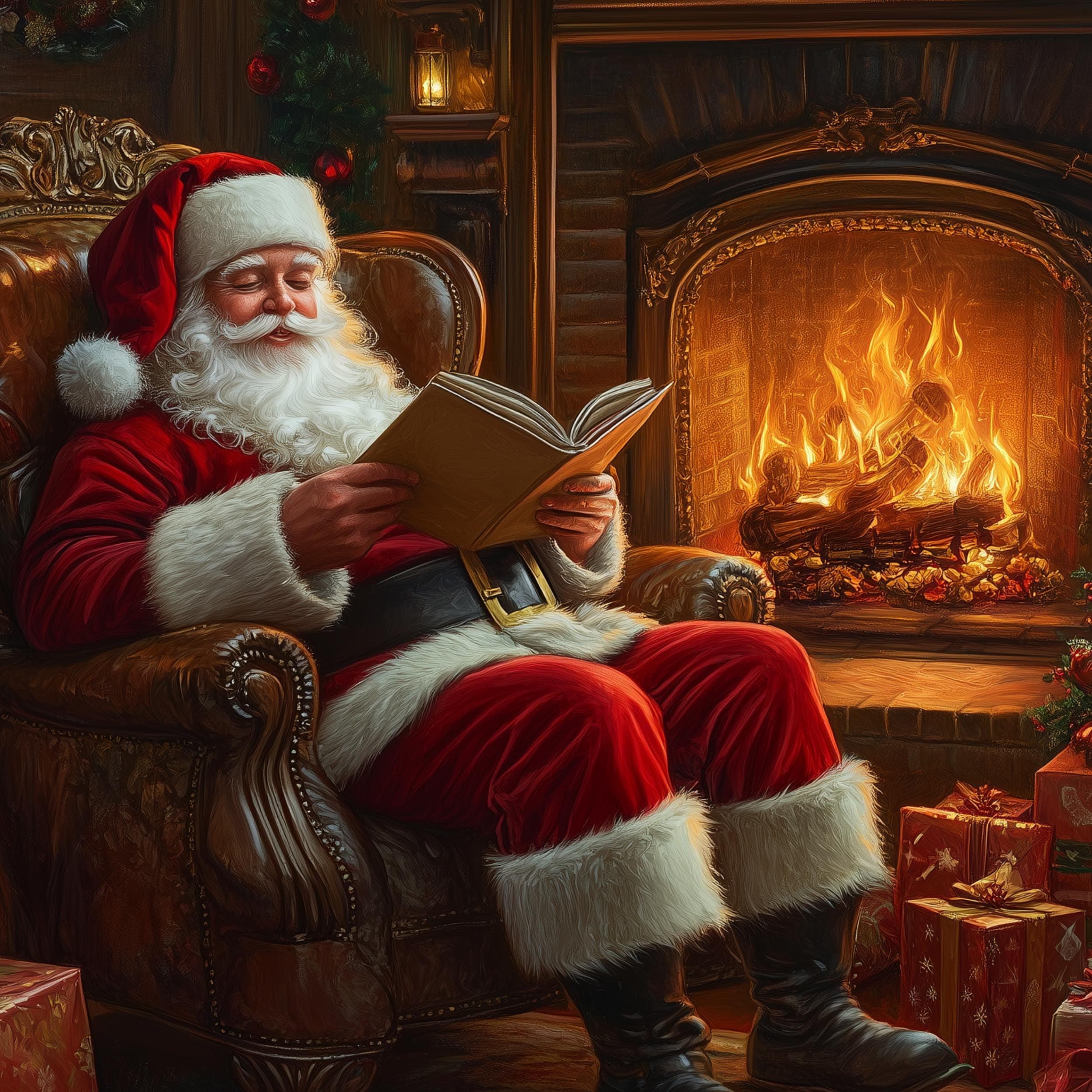 Santa Claus Reading in Cozy Living Room Print, Cozy Christmas Decor, Christmas Wall Art, Rustic Santa Christmas Print, Digital Download - view 2