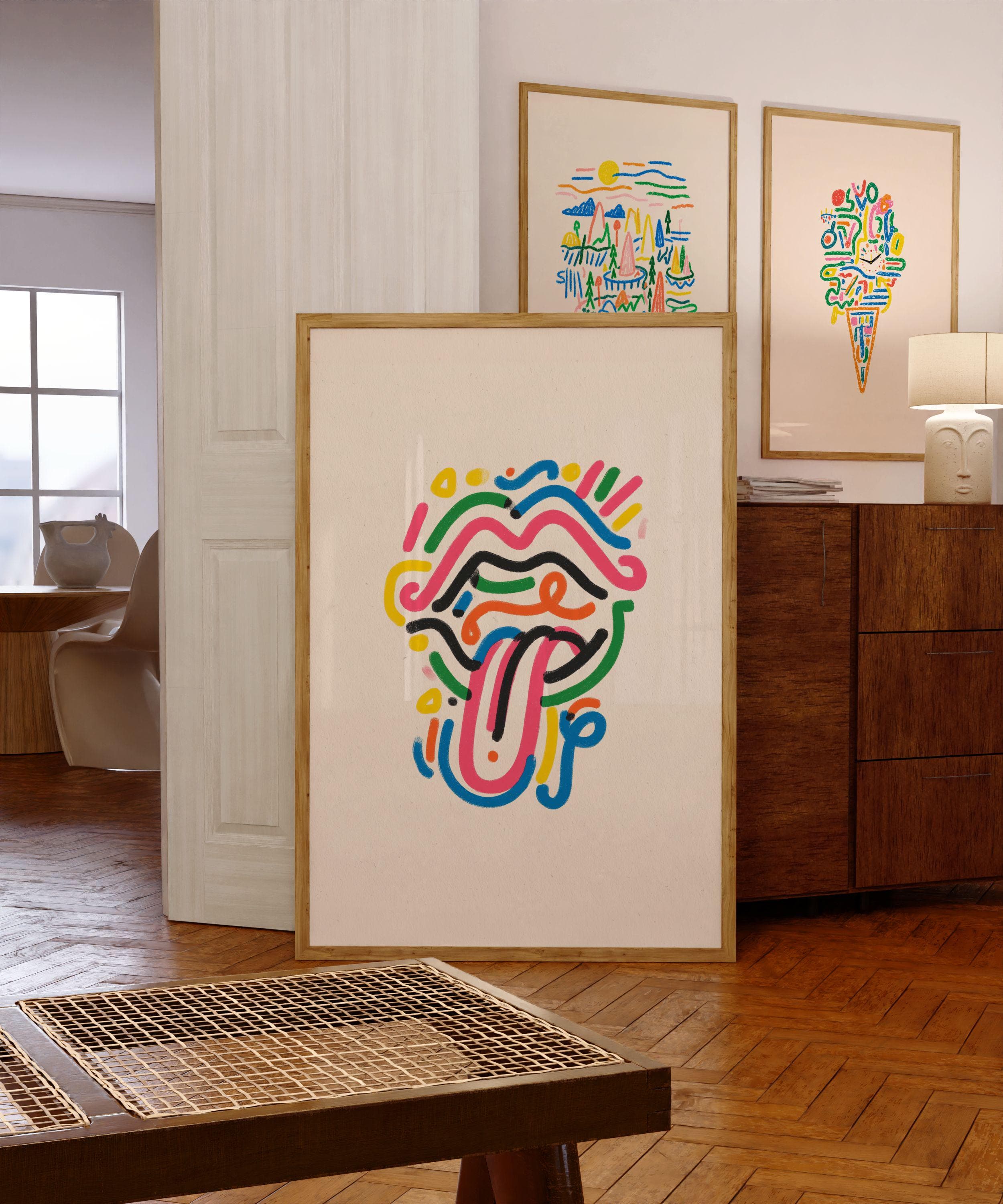 Pop Art Lips and Tongue Wall Art, Modern Minimal Pop Art, Neon Line Art Lips Poster, Funky Lips Art, Abstract Tongue Art, Modern Pop Art