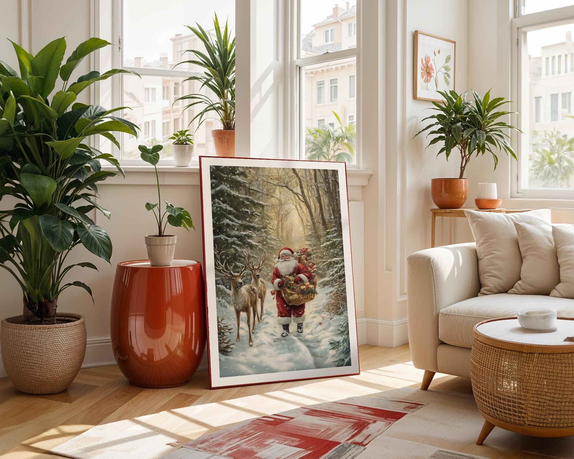 Santa Claus and Deer Painting - Rustic Holiday Wall Art for Christmas, Christmas Wall Art, Digital Download, Holiday Wall Decor, Santa Print - view 4
