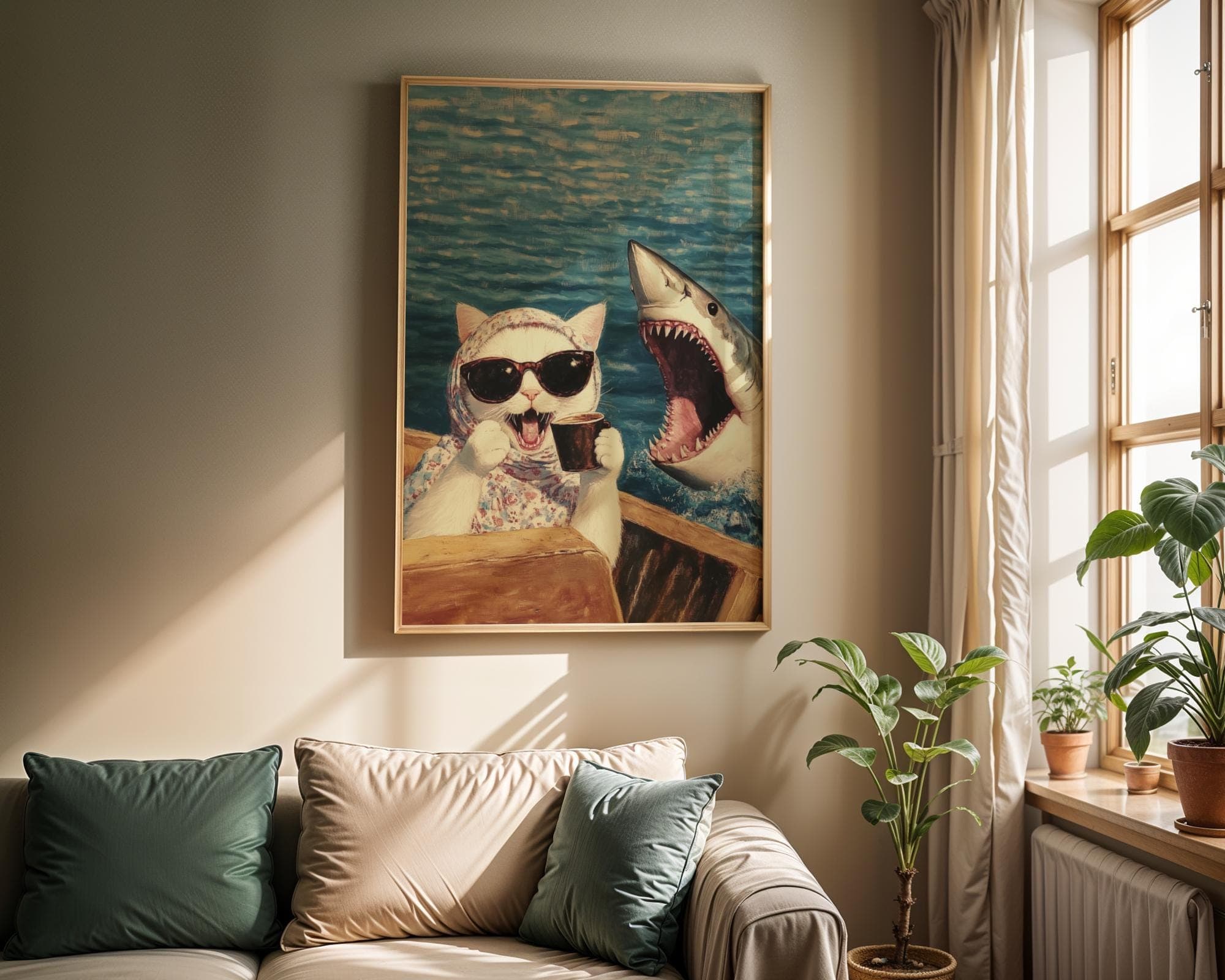 Funny Cat and Shark Wall Art, Funny Animal Art, Quirky Art Print, Quirky Cat Poster, Maximalist Cat Wall Art, Humorous Poster, Digital Art - view 6