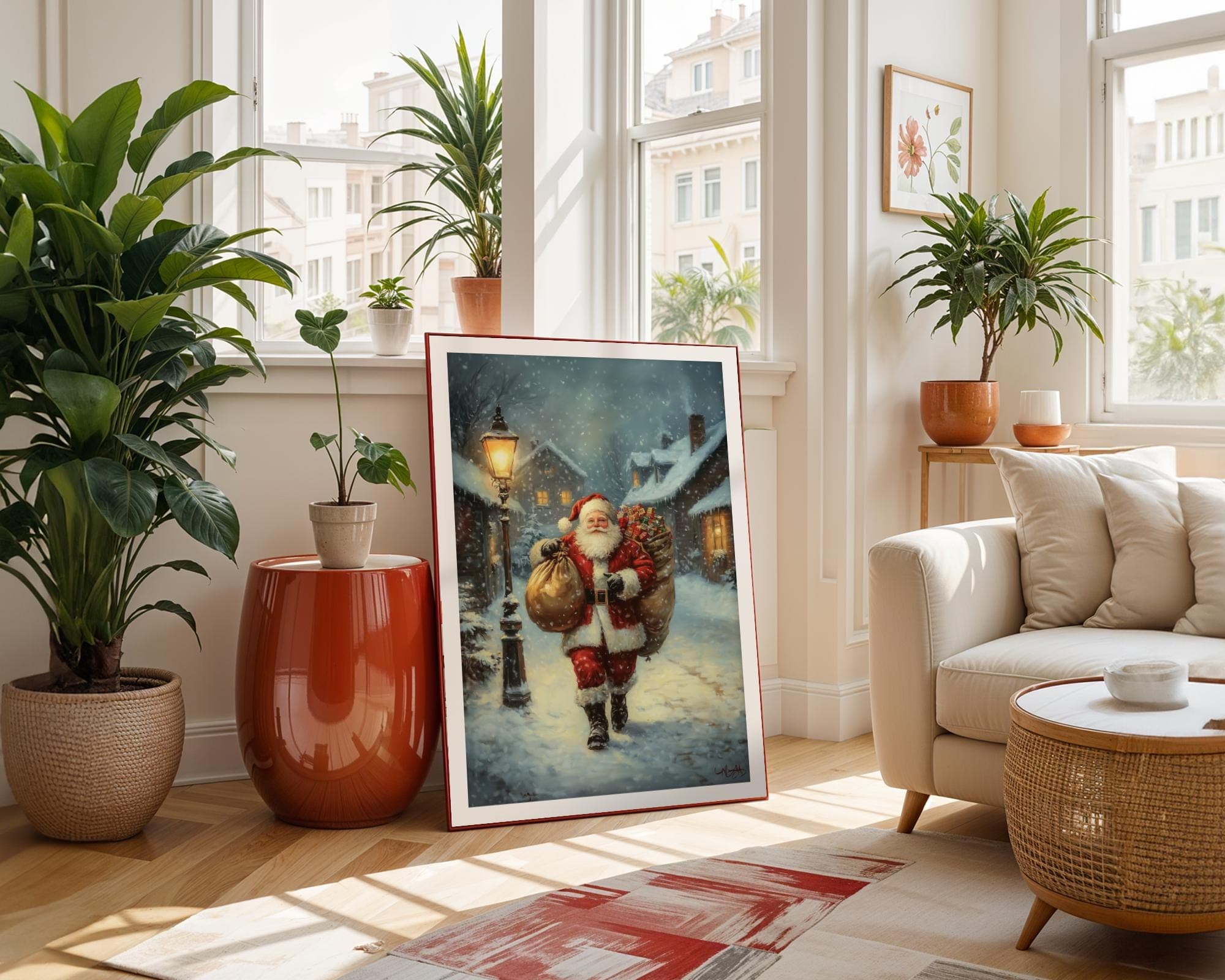 Santa Claus Wall Art, Vintage Christmas Santa Claus Canvas, Digital Download, Holiday Wall Art, Cozy Snow Wall Art, Classic Santa Painting - view 4