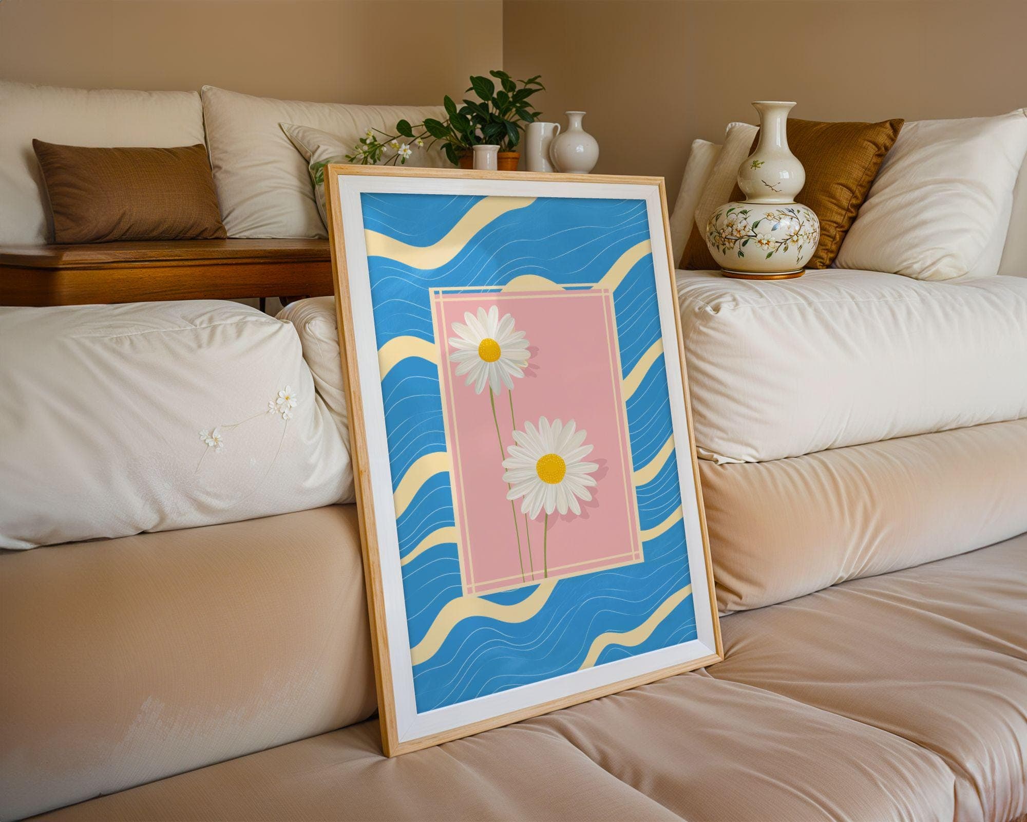 Daisy Flower Wall Art – Pastel Pink and Blue Retro Print, Coquette Room Decor, Cottagecore Daisy Poster, Coastal Floral Art, Pink Floral Art - view 4