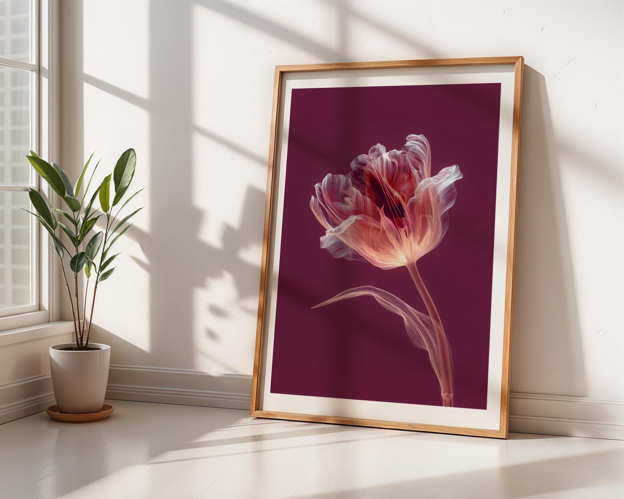X Ray Tulip Flower Wall Art Botanical Burgundy Pink Radiograph Floral Print Minimal Nature Decor, Floral Botanical Poster, Pink Tulip Print - view 5