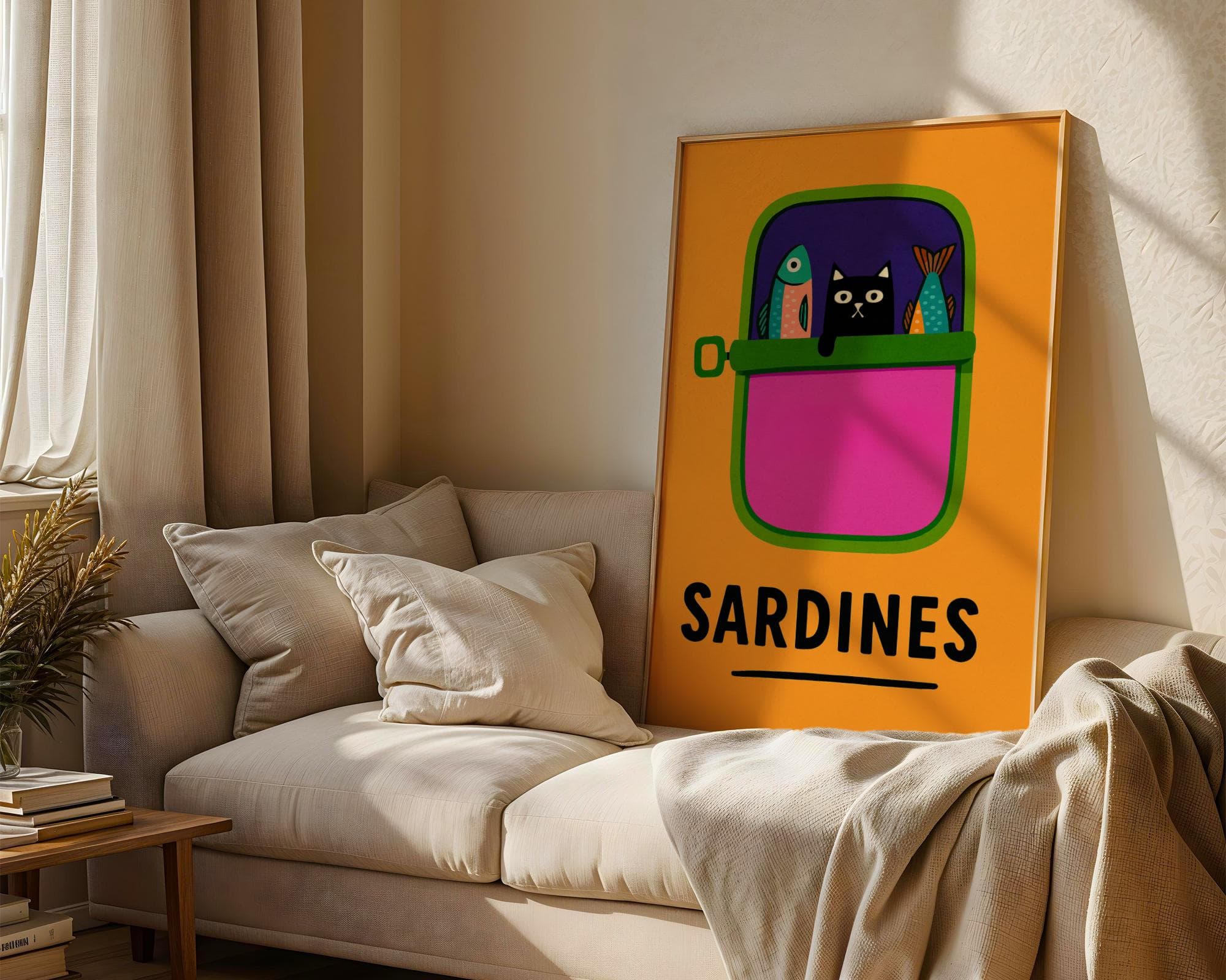 Funny Black Cat Wall Art, Black Cat in Sardine Tin with Colorful Fish, Funny Kitchen Wall Art, Sardine Tin Wall Art, Retro Pop Art Print - view 4
