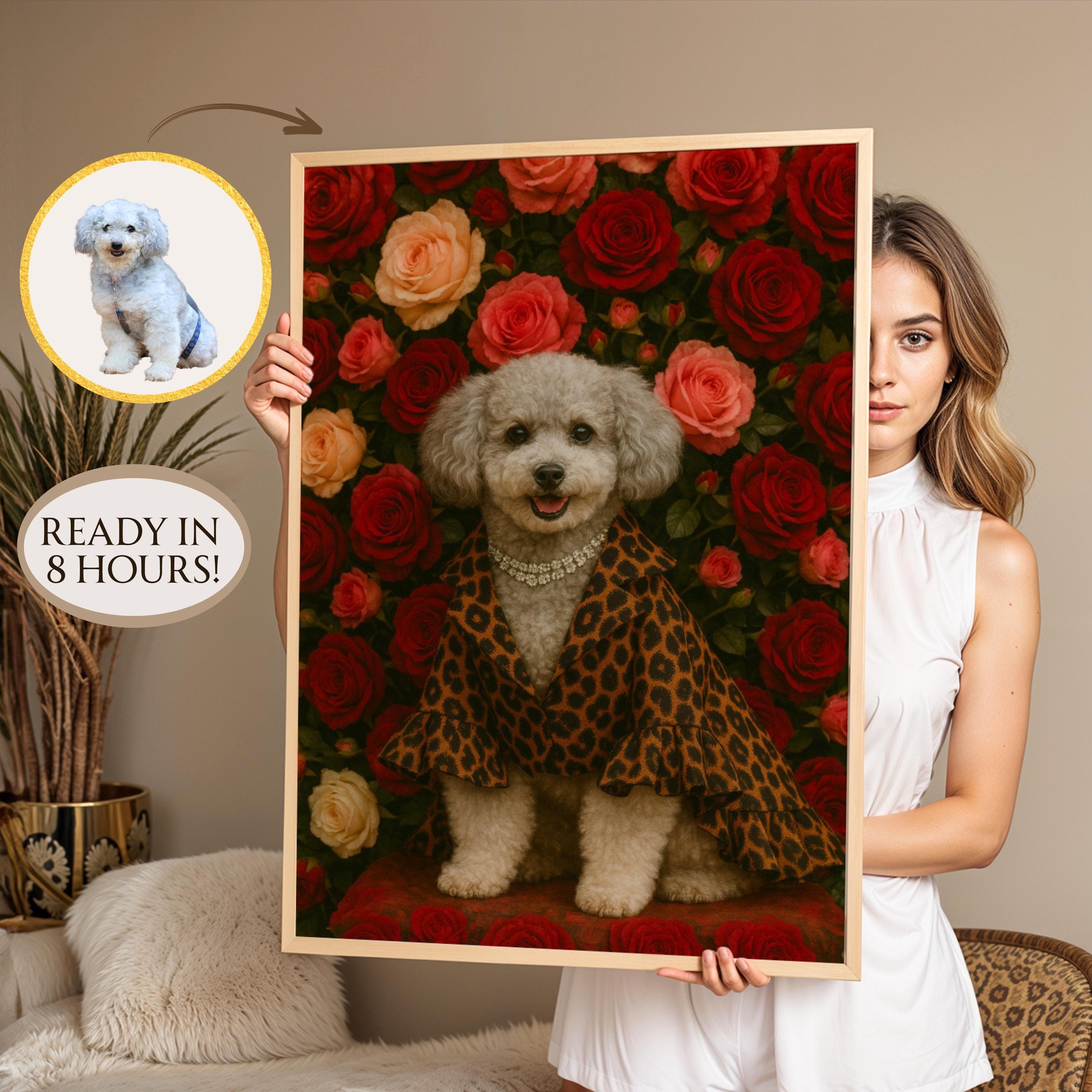 Customized Pet Art with Fashion Outfit, Custom Pet Portrait with Floral Background, Personalized Dog Print, Custom Floral Pet, Pet Painting