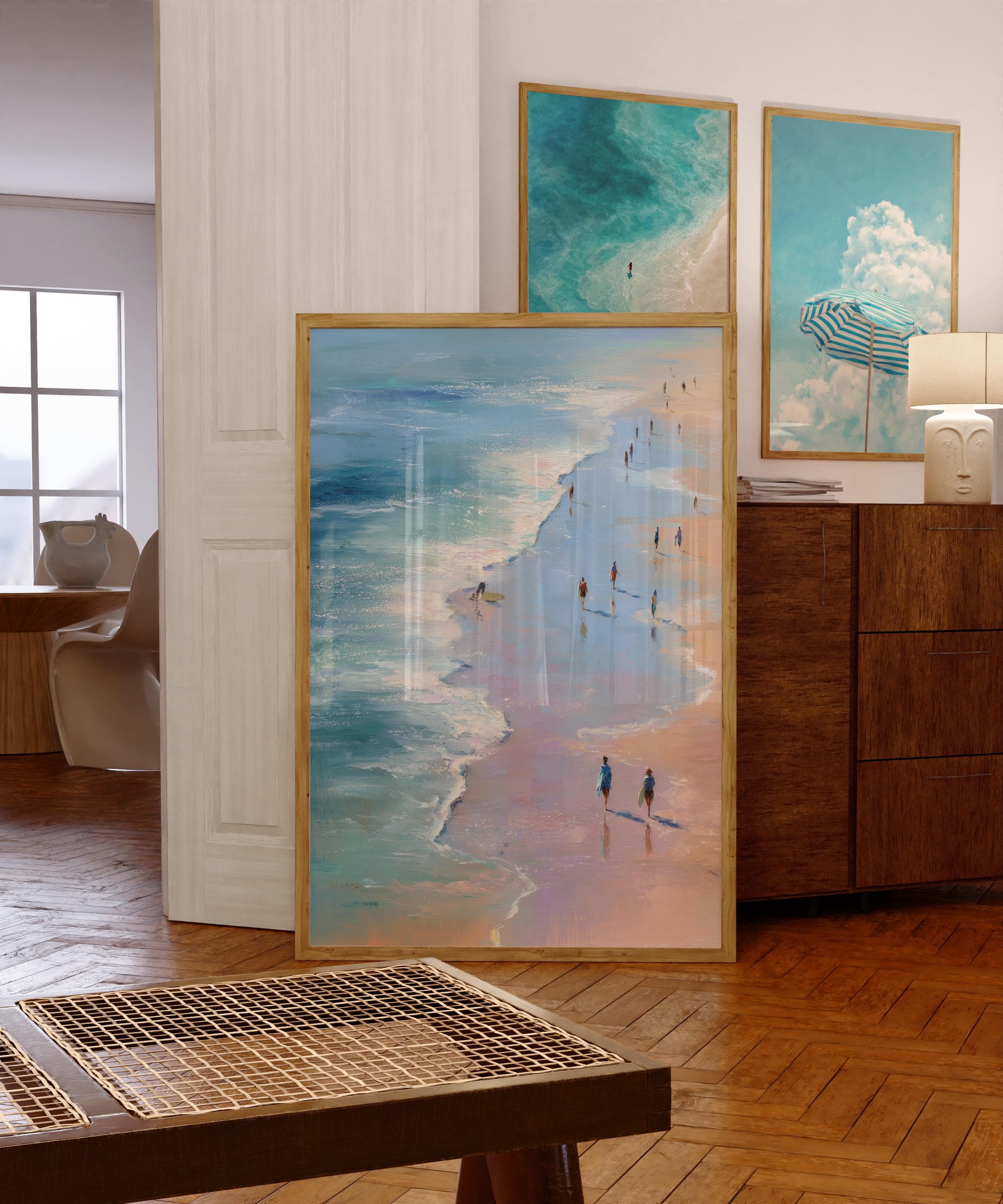 Beach Walk Painting Print – Coastal Wall Art with People, Ocean and Pastel Tones, Pastel Coastal Art Print, Minimalist Beach Painting