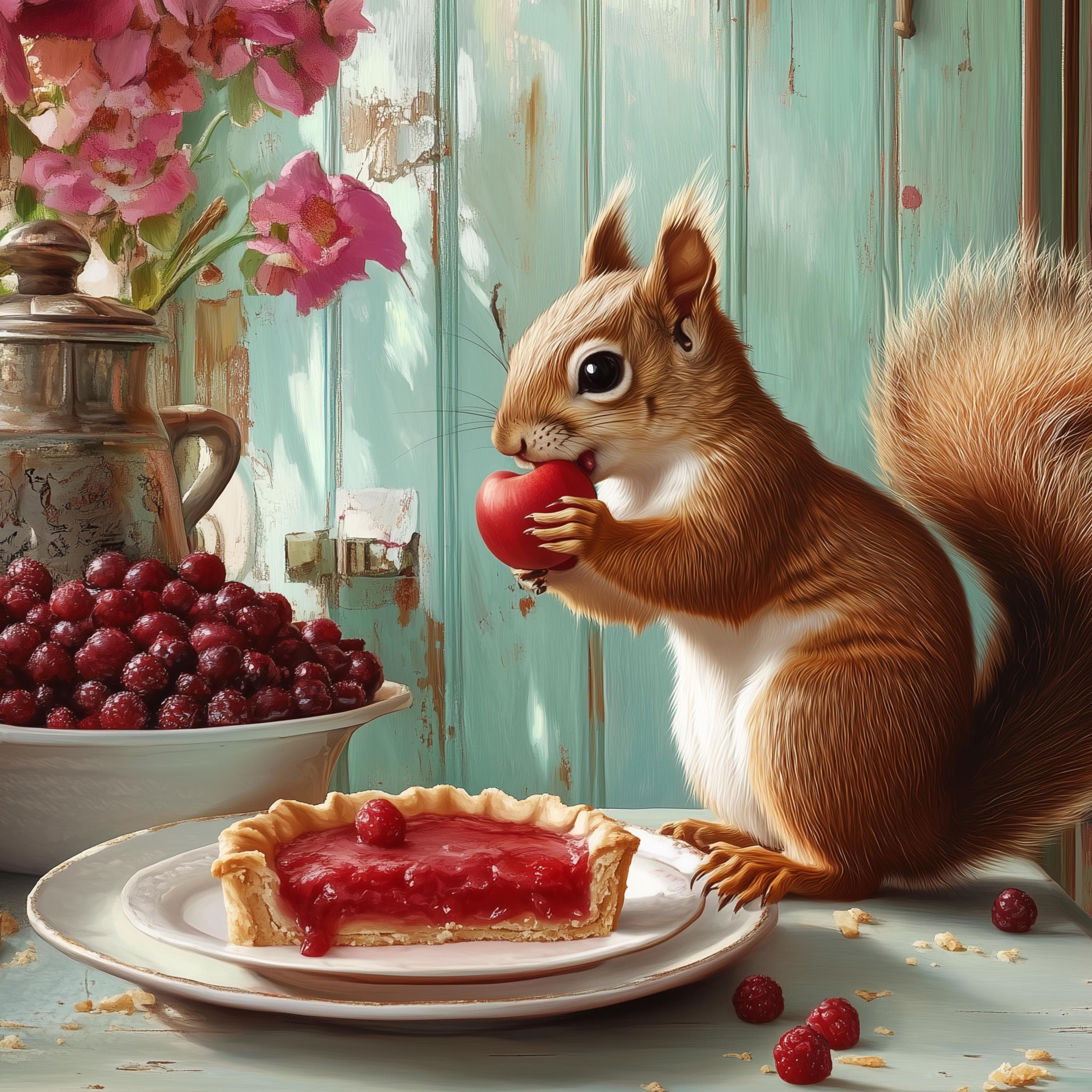 Whimsical squirrel with raspberry tart poster | Vintage kitchen art | Cute woodland animal painting, Rustic kitchen wall art, Kitchen Decor - view 2