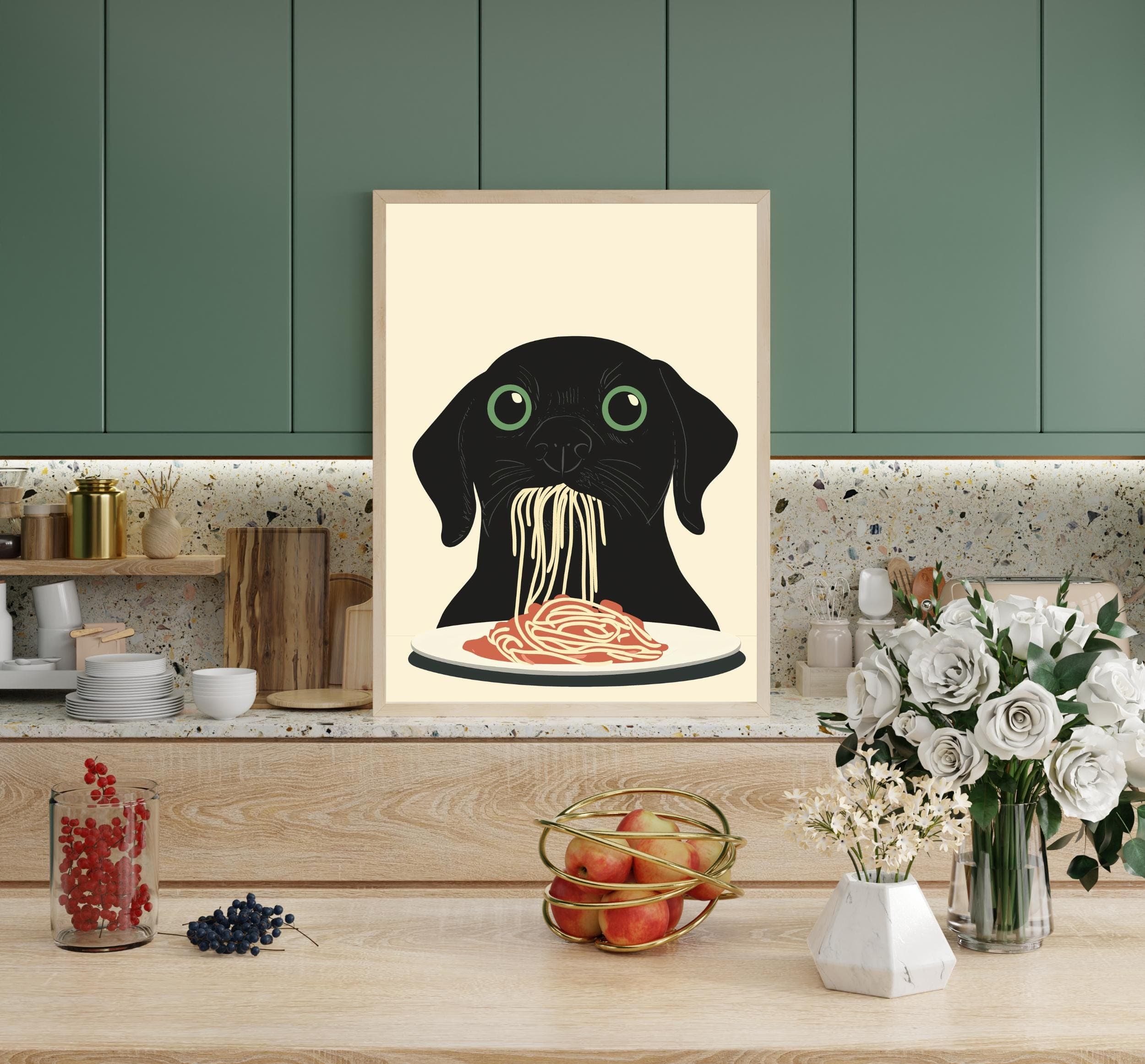 Black Dog Spaghetti Art Print,Whimsical Dog Kitchen Decor,Black Dog Pasta Print,Charming Dog Kitchen Print, Maximalist Dog Art, Dog Art - view 2