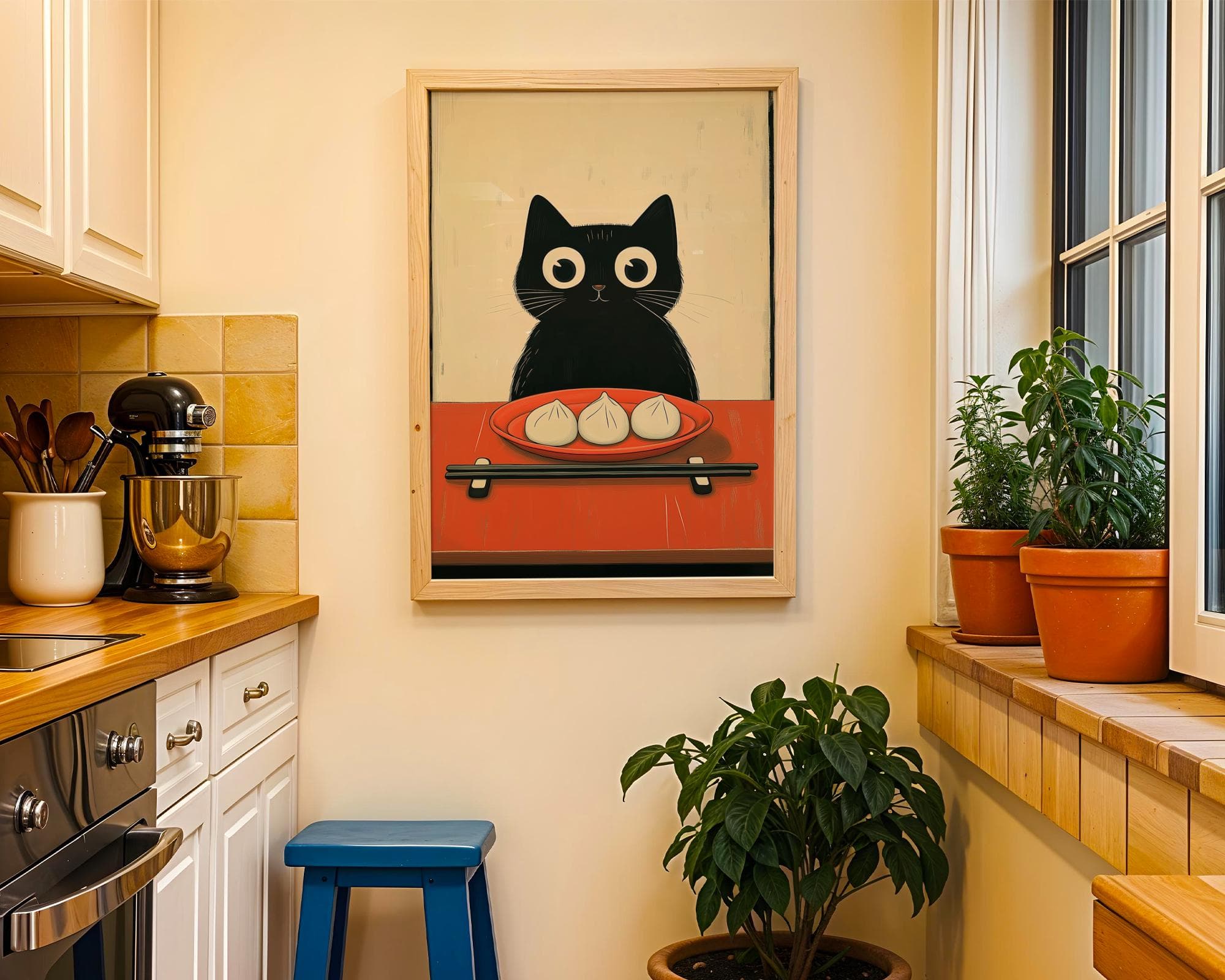 Japan Cat Illustration Print, Cute Kitchen Decor, Cat Poster, Wall Art, Printable, Minimalist Art Print, Cute Food Wall Art, Dumpling Art - view 5