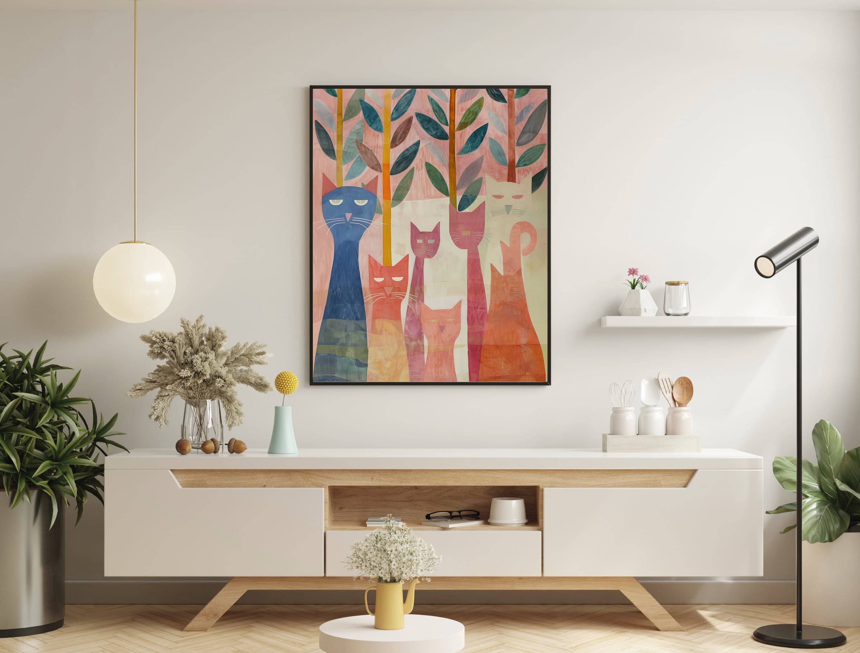 Colorful Cat Wall Art, Oil Painting, Trendy Cute Apartment Decor, Cat Poster, Colorful Cat Poster, illustration art, Preppy Room Decor - view 4