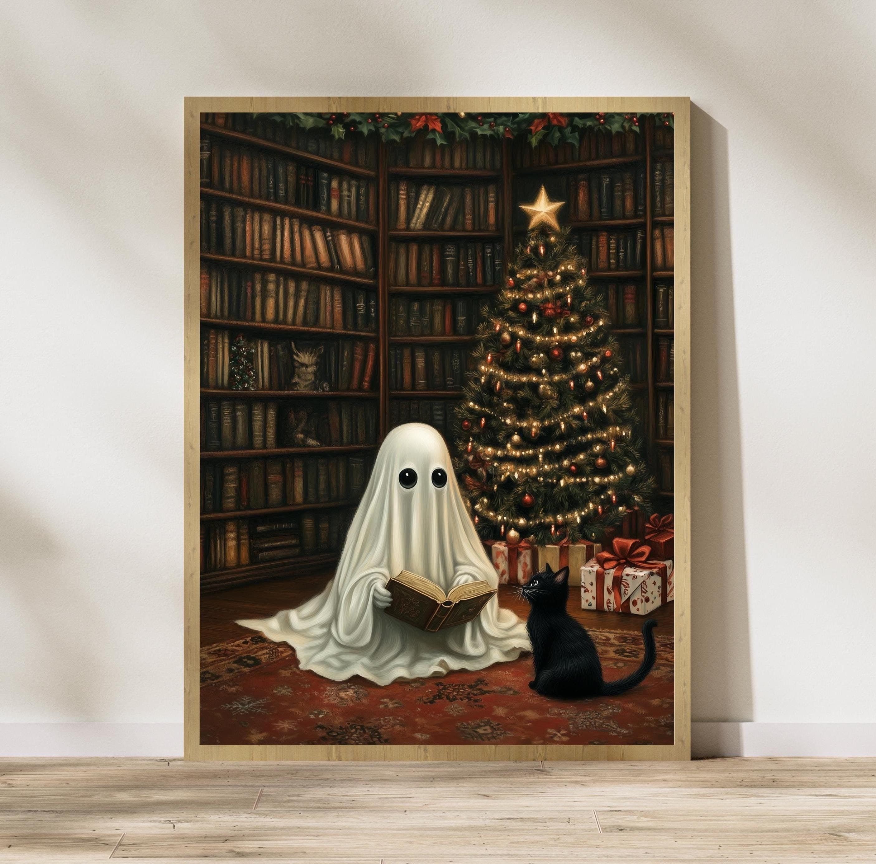 Ghost and Black Cat Wall Art, Vintage Halloween Wall Art, Spooky Christmas Decor, Whimsical Holiday Wall Art, Haunted Christmas Decor