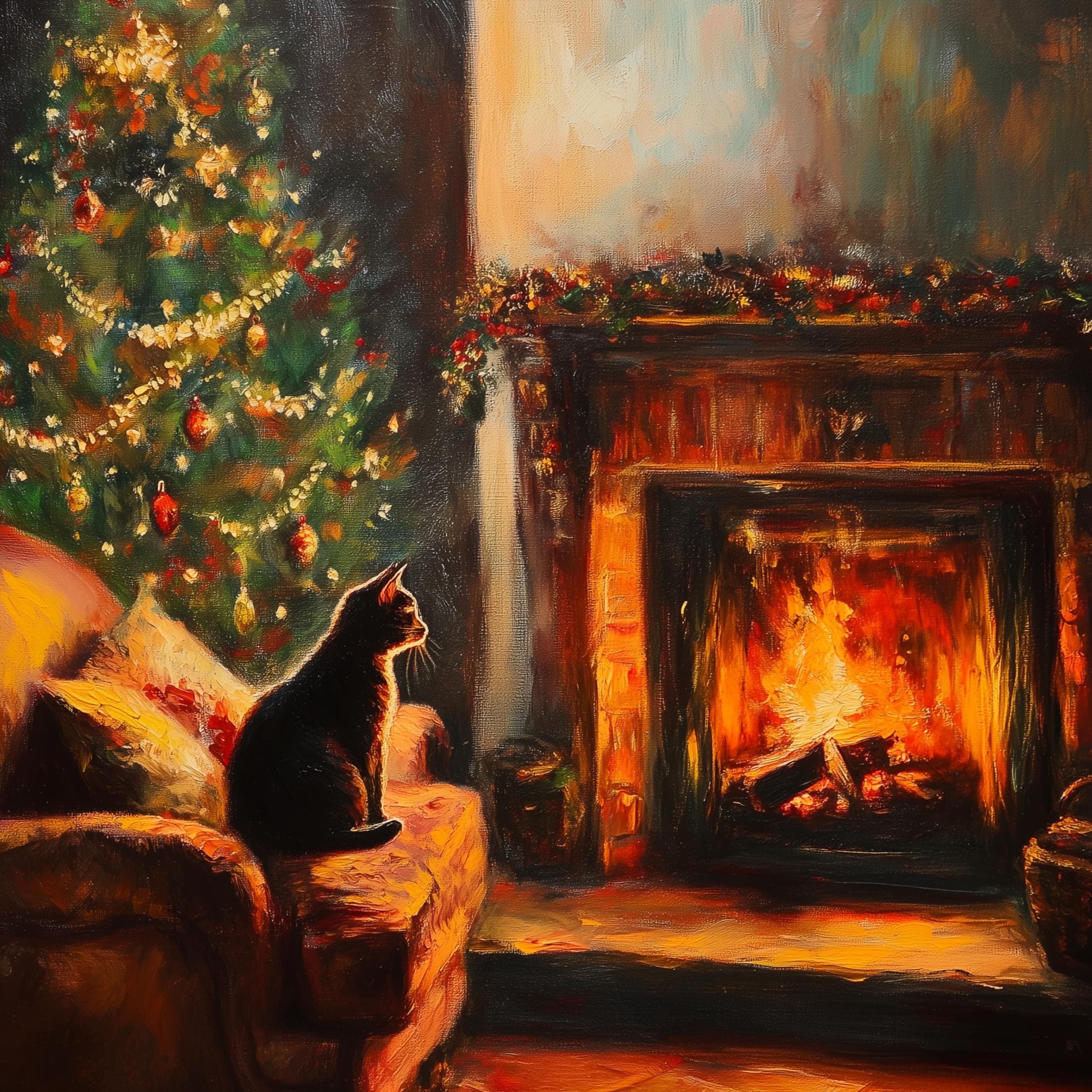 Rustic Christmas Wall Art, Christmas Animal Wall Art, Digital Download, Winter Holiday Art Print, Warm Holiday Prints, Black Cat Fireplace - view 2