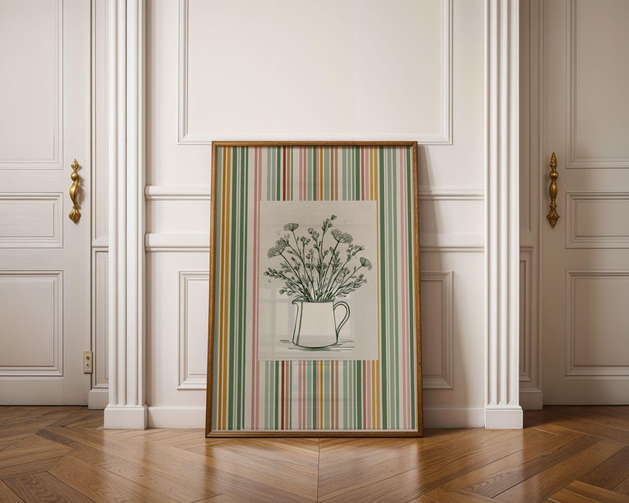 Minimal Botanical Line Art, Scandinavian Flower Poster, Retro Floral Wall Print, Scandinavian Kitchen Decor, Green and Pink Wall Art